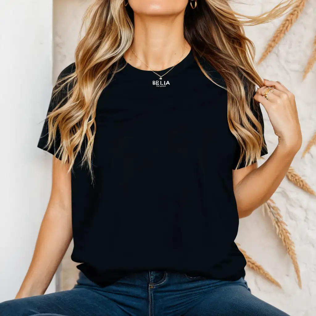 blonde woman wearing black bella canvas 3001 t-shirt mockup simple boho wall background