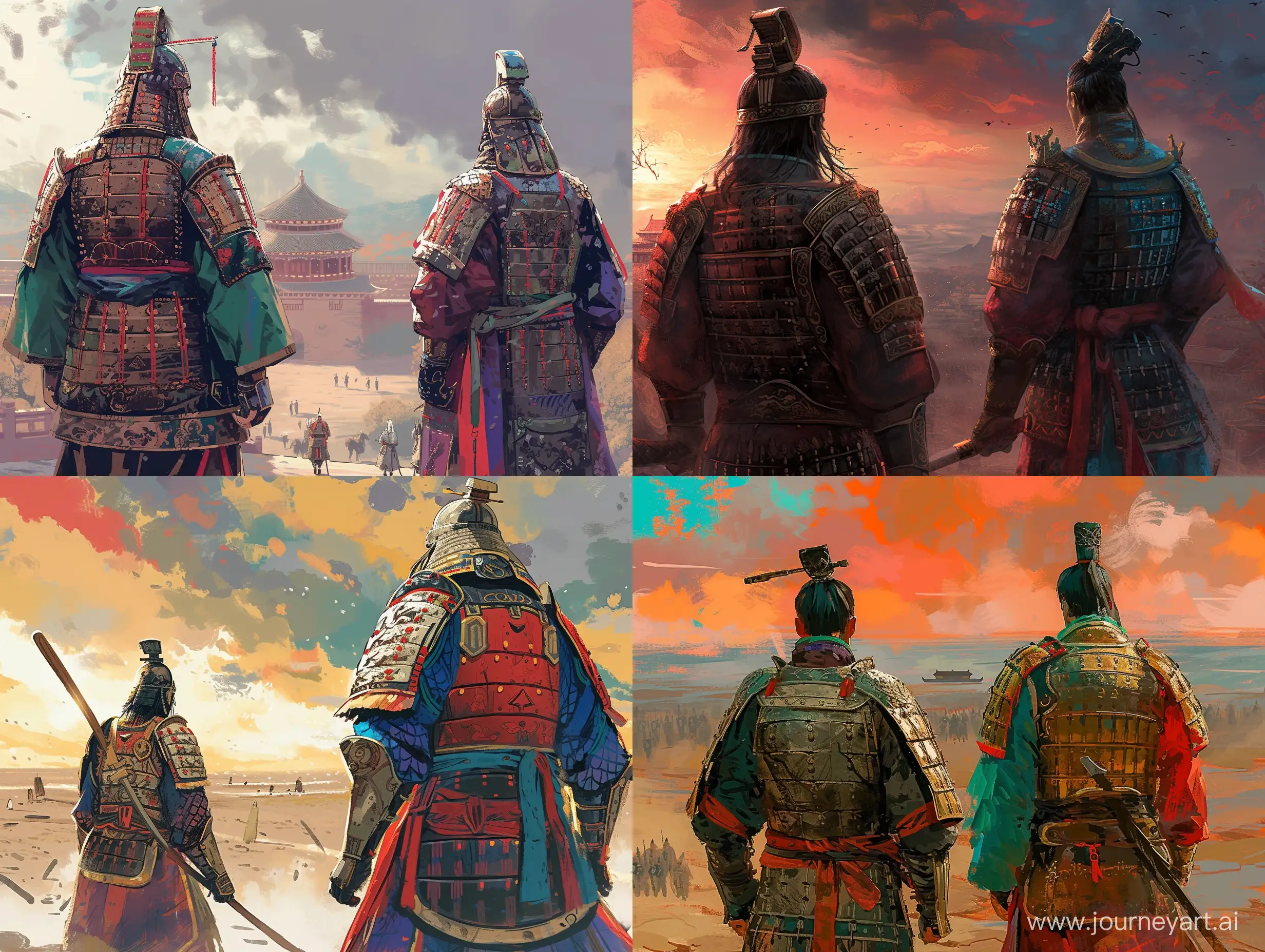 两位身穿盔甲的将军站在远处，彩色中国风，水墨画风格，二次元漫画，高清，高级感，大师之作，古代，东方美学。