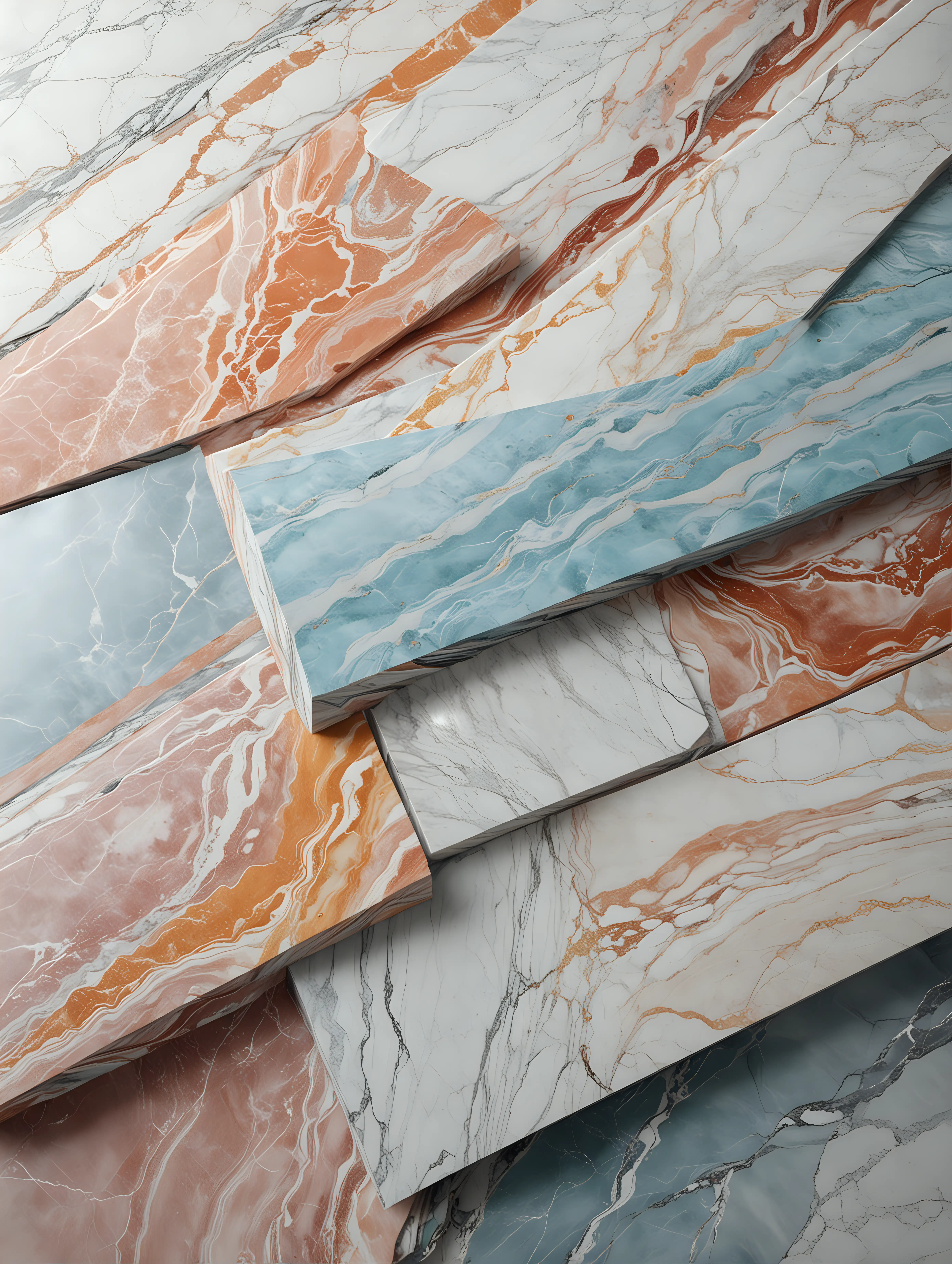 Stacked Hyperrealistic Marble Slabs in Multicolored Array