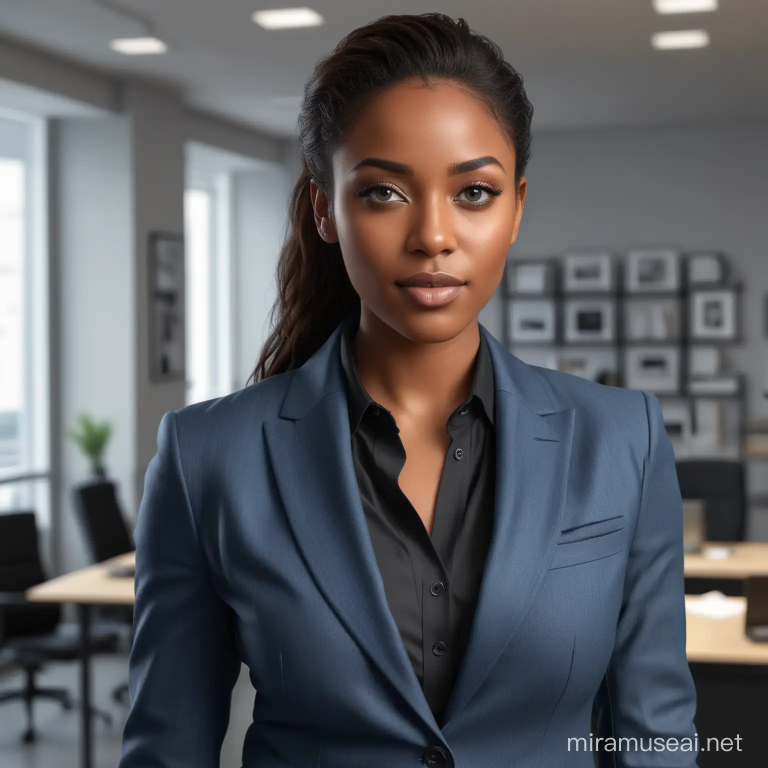 Handsome black woman, very attractive face, detailed eyes, wearing dark blue suit with black shirt, looking from the front, standing inside a bright office, photorealistic, very great detail, full body shot
