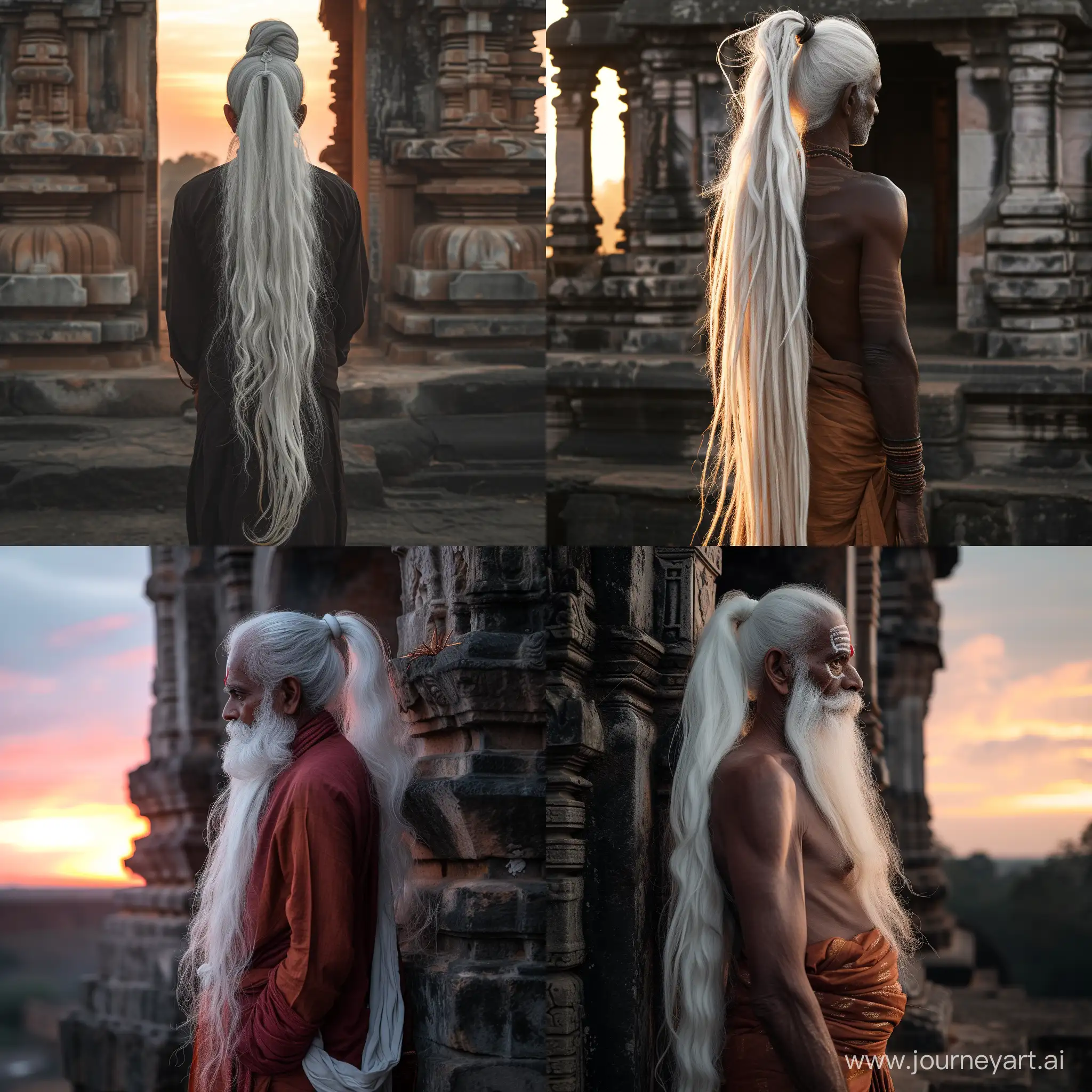 naga sadhu long white hair in ponytail  is standing  before old tempel with sunset light soft contrast  total body 50mm fuji xt 4 low angle