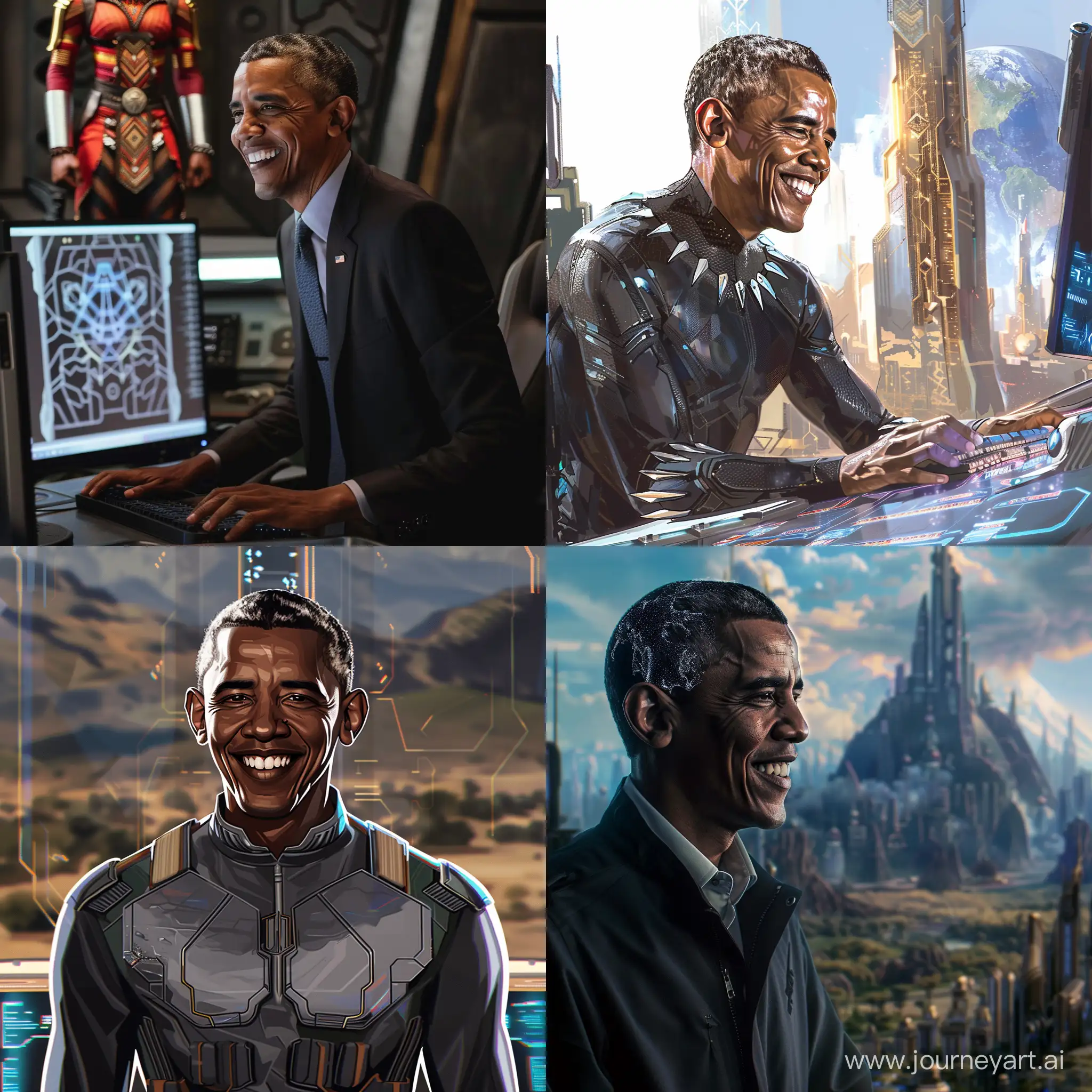 Malik Obama generating AI images on a computer. Background is Wakanda. He is smiling.