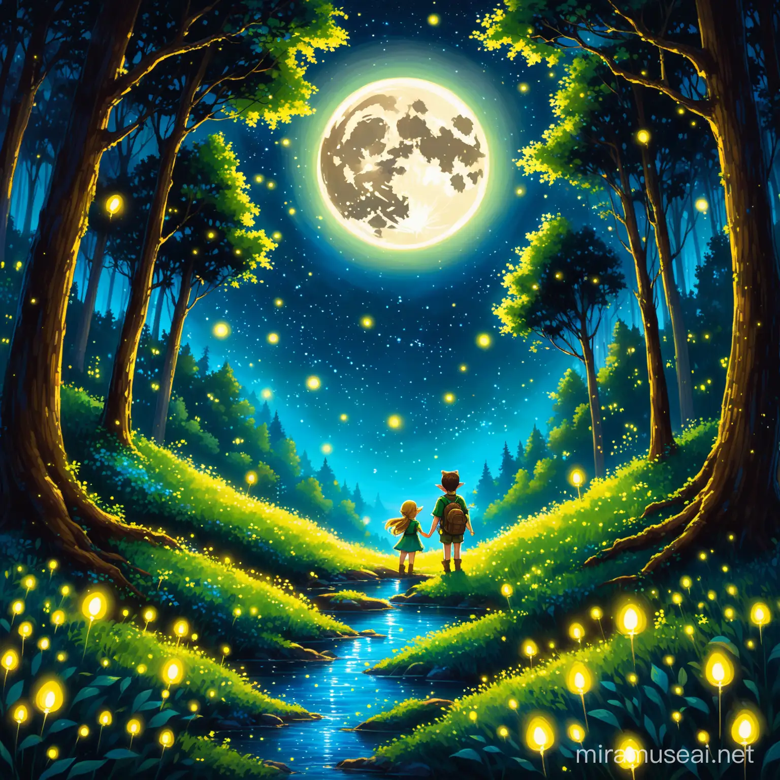In the original forest, there are dense low bushes, glowing fireflies, and the forest is full of elves, There are stars and a bright moon in the night sky, There is a little girl in the forest, accompanied by a cat and a boy, adventuring together, This is a painting with broad strokes, similar to 'Breath of the Wild', with a perspective view of space, belonging to the genre of magical realism, with a hand-drawn style and very delicate technique,