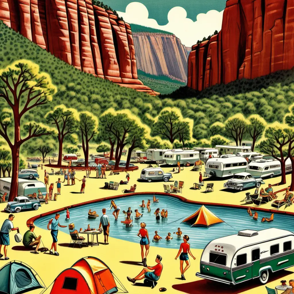 Very detailed, 1950s vintage style magazine illustration to promote camping at Slide Rock State Park in Arizona