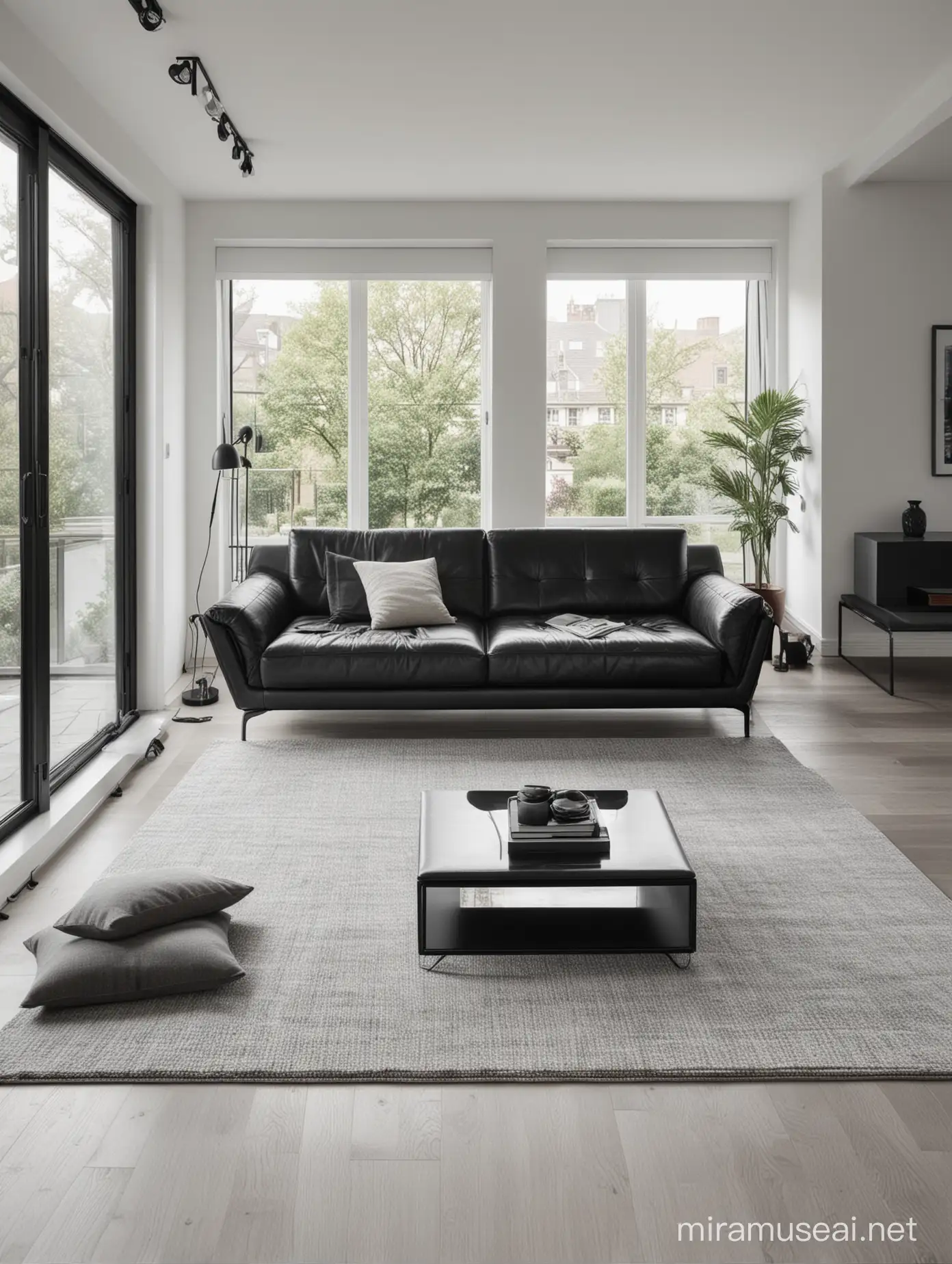 黑色的皮沙发，极简的家居空间，明亮的窗户，有地毯，黑白调