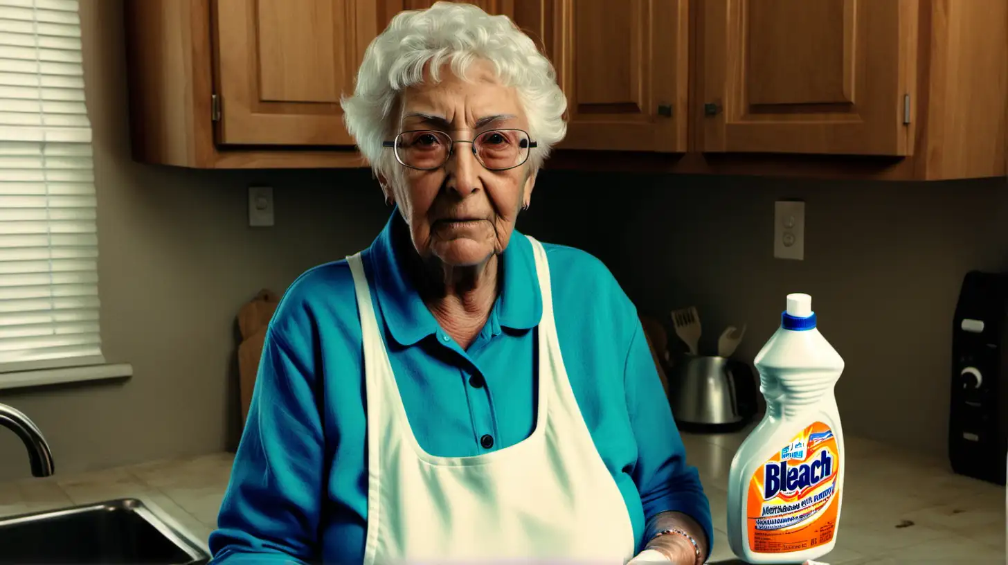 grandma ugc holding a bleach on kitchen 