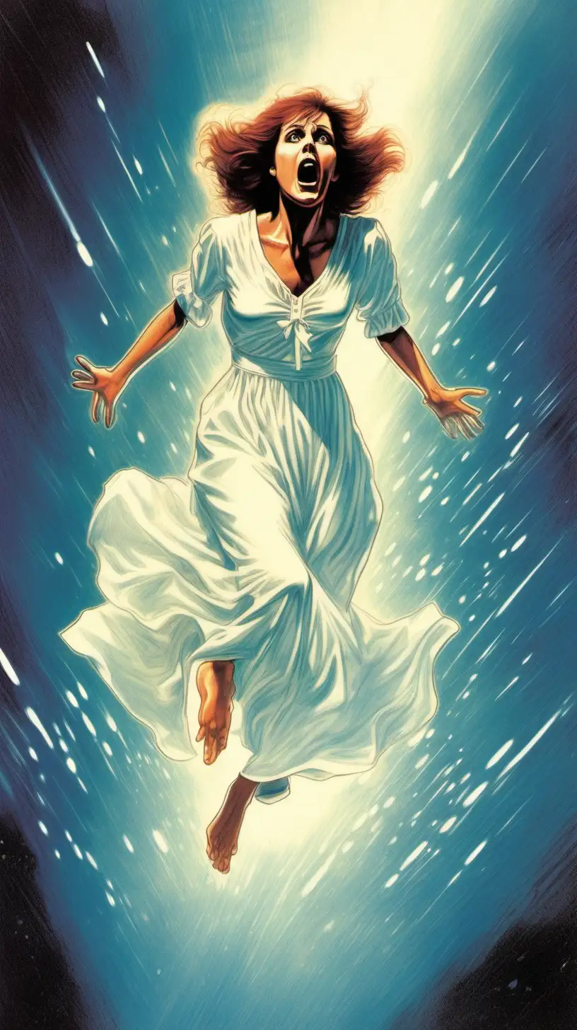 Illustrate a 1970s-style blend 1980s-style graphic of a scared woman floating wearing a white dress. give the illustration a very Drew Struzan style.