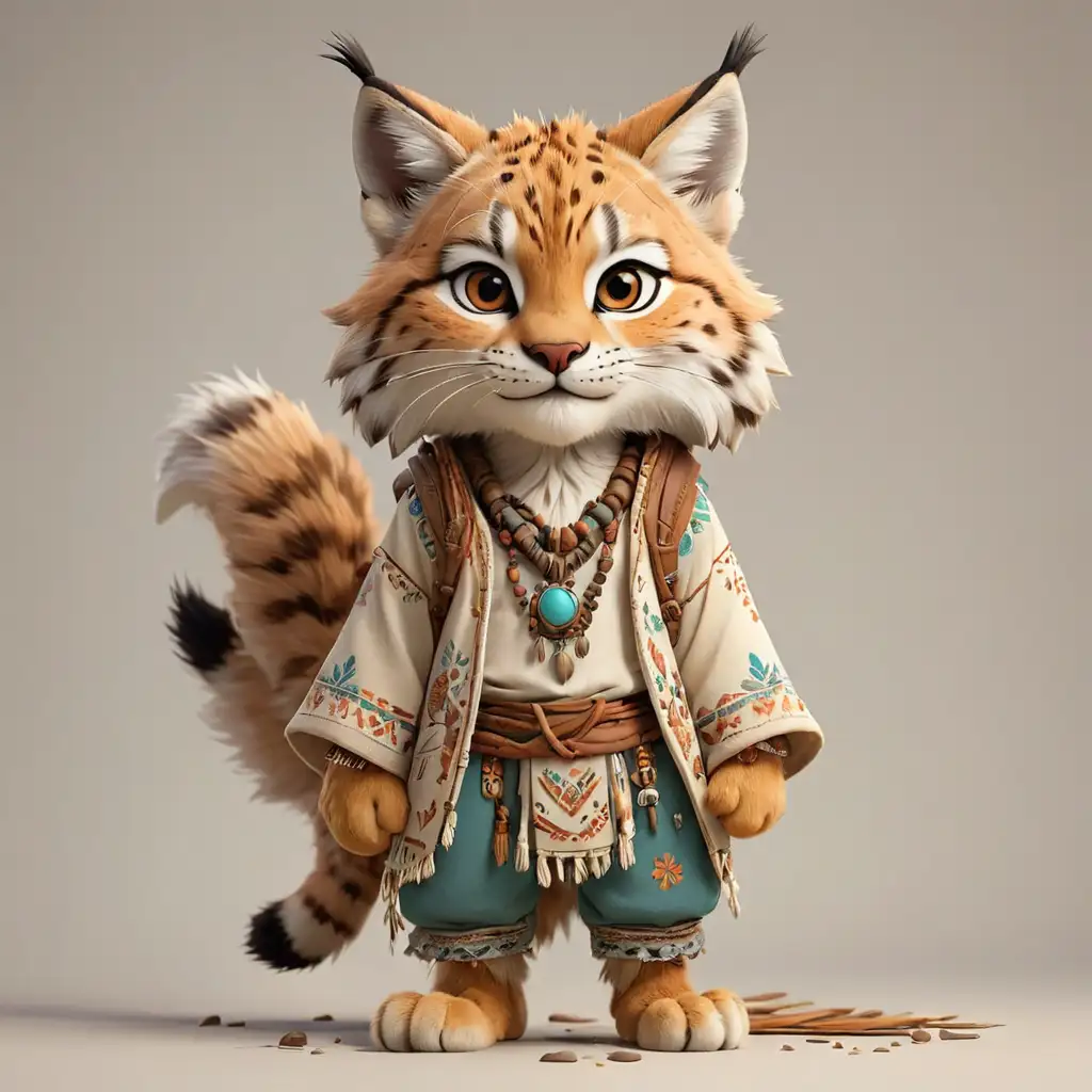 a adorable lynx in cartoon style, full body, in boho clothes, clear background