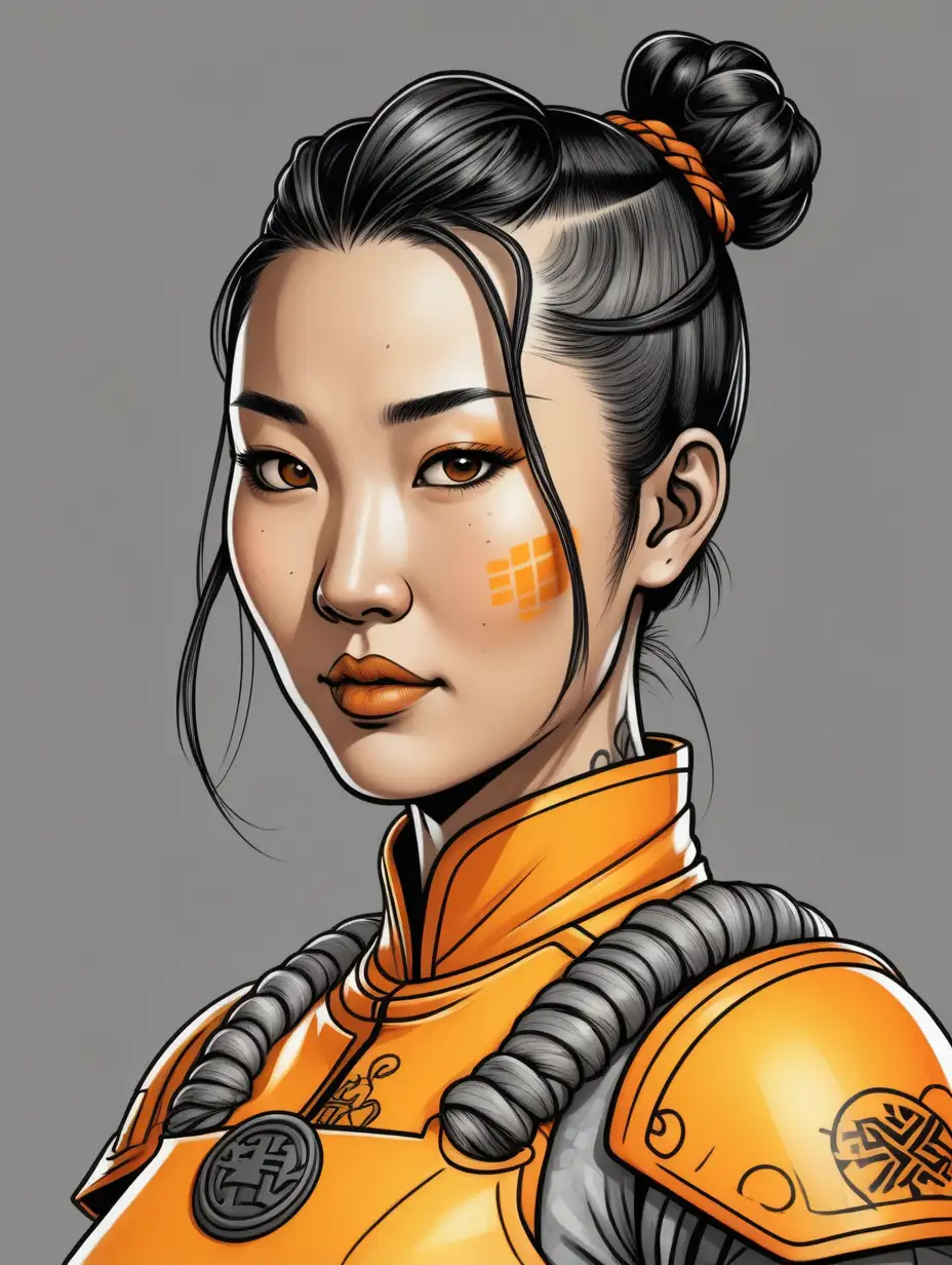 inked comic book art style, close up portrait of a short friendly chinese woman, twenties, braided bun hair. She is wearing yellow orange power armor over torso. Grey background.
