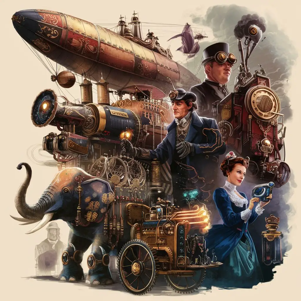 Imaginative steampunk-themed designs, blending Victorian-era aesthetics with futuristic technology and fantastical inventions.