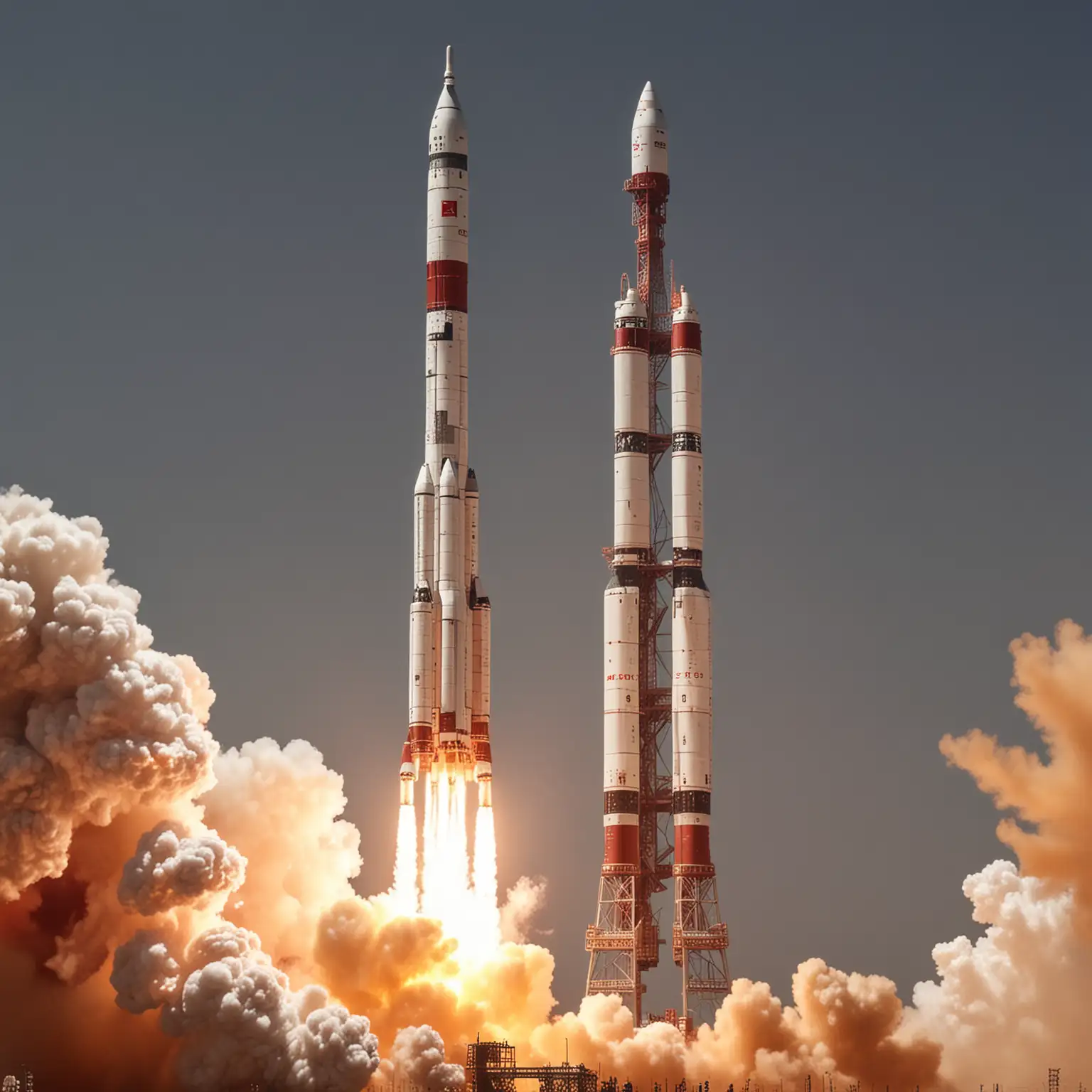 Giant White and Red Chinese Rocket Soaring to Space with Miniature Companions