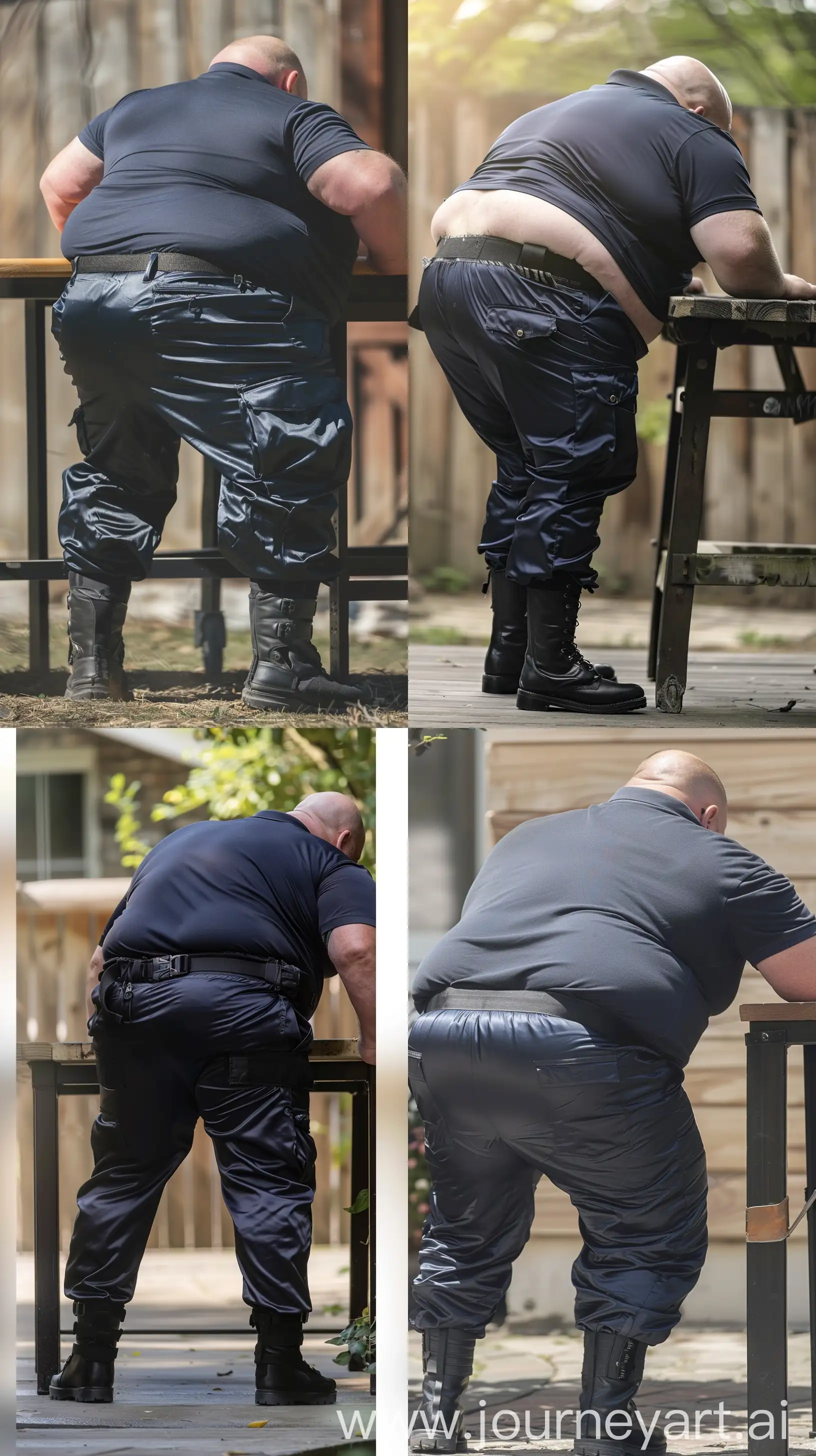 Close-up full body back view photo of a very fat man aged 60 standing next to a very high table. The man is wearing tight silk navy battle pants tucked in black tactical boots, he has a tucked in silk navy sport polo shirt and a black tactical belt. Bending over, legs upright. Outside. Bald. Clean Shaven. Natural light. --ar 9:16