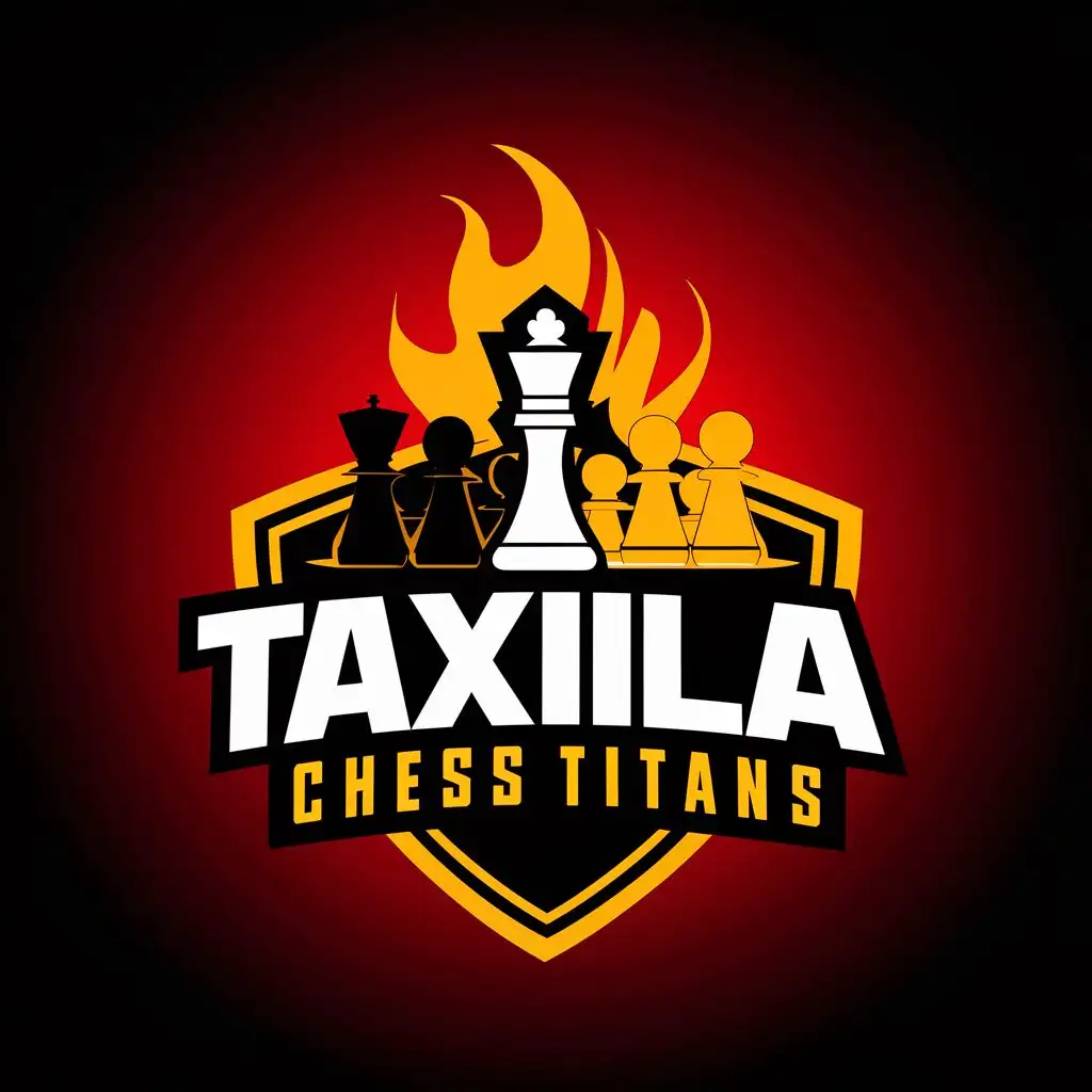 logo, chess piece and board and fire, with the text "Taxila Chess Titans", typography