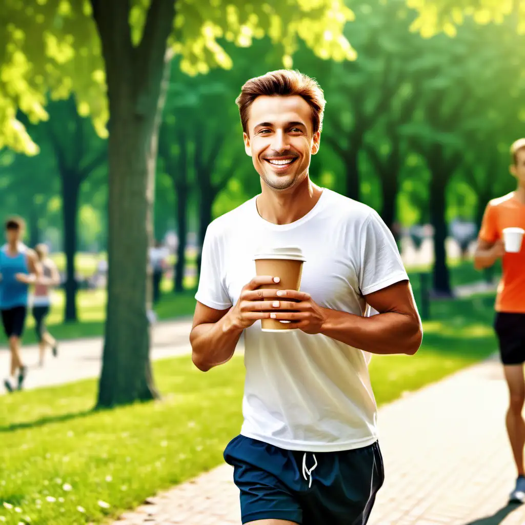 please generate the image of a smiling jogging man sipping from a coffee paper cup in a summer park. The woman should be in the right part of the image, and occupy a maximum of 1/3 of the image
