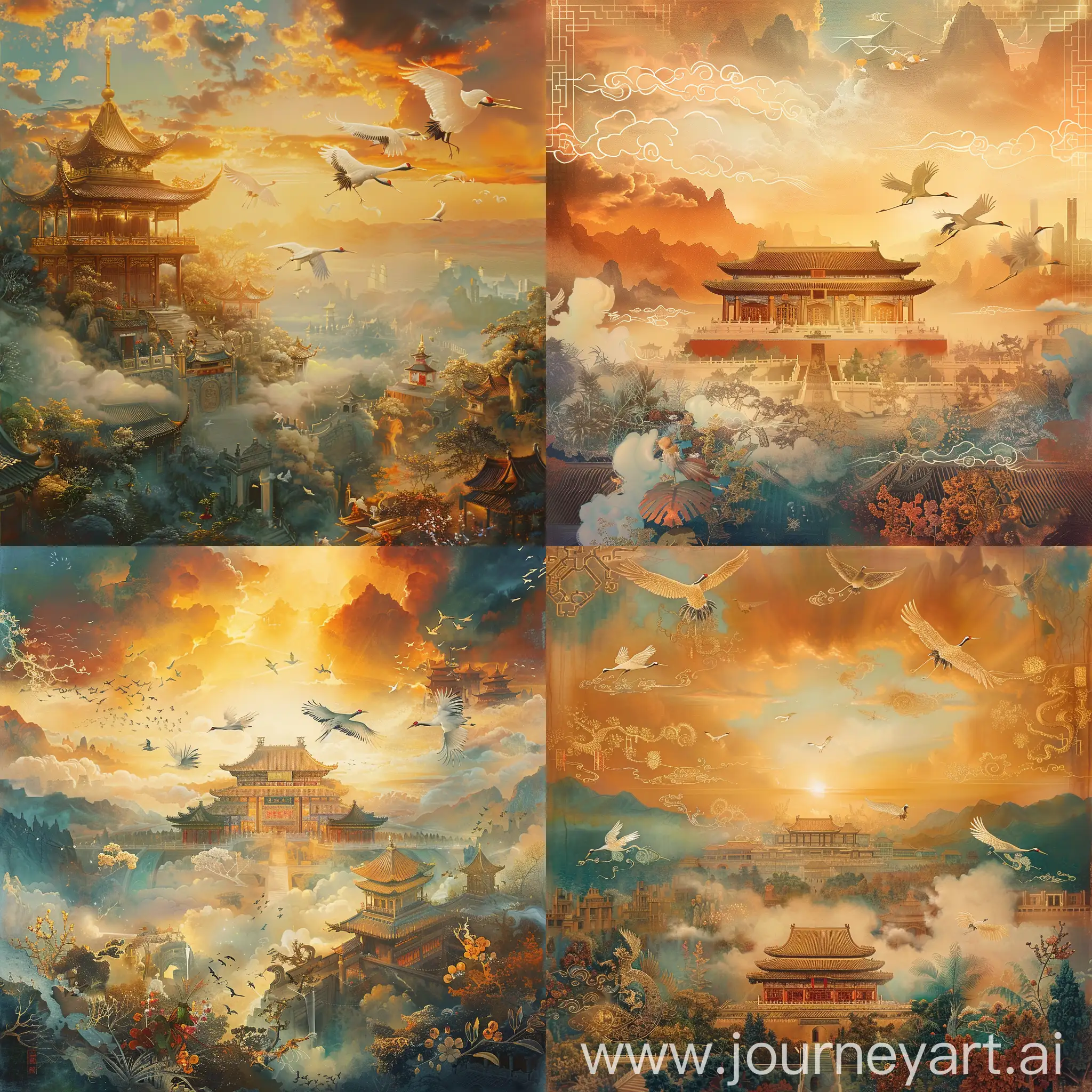 arly morning in the celestial realm of Chinese mythology, overlooking a majestic and mysterious heavenly palace bathed in the warm glow of dawn's first light. The scene is rich in warm golds, oranges, and reds, reflecting the sunrise. The palace is adorned with classical Chinese architecture, featuring flying eaves and intricate carvings, highlighted in gold and white, with touches of blue-green glaze. Surrounding the palace, ethereal clouds and mist weave around exotic plants and silhouettes of mythical creatures like phoenixes and qilins, adding a layer of fantasy. The composition combines a bird's-eye view with balanced arrangements of the palace, celestial flora, and distant mountains, creating a dynamic yet harmonious visual experience. Special attention is paid to the interplay of light and shadow, enhancing the mystical and serene atmosphere of a divine morning in the heavens. Don't write words on picture. turn flying animals to Cranes. Chinese traditional painting Cranes. Cranes flying more graceful. picture more clean. Remove far buildings. Li Keran style --v 6.0