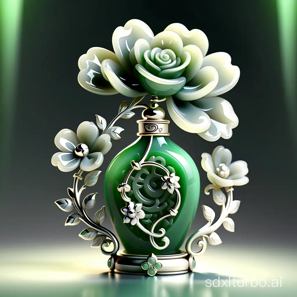 tmasterpiece,Final quality,a jewellery design,((jade)),Silver jewelry Flower,Solid background,Detailed details,rendering by octane,3d sculpture,rose,volumettic light,Natural soft light,jewelry,Virtual background <lora:IvoryGoldAIv2:0.6>  <lora:Perfume_Bottle_v001:0.4>,  <lora:cartoon_portrait_v2:0.4>