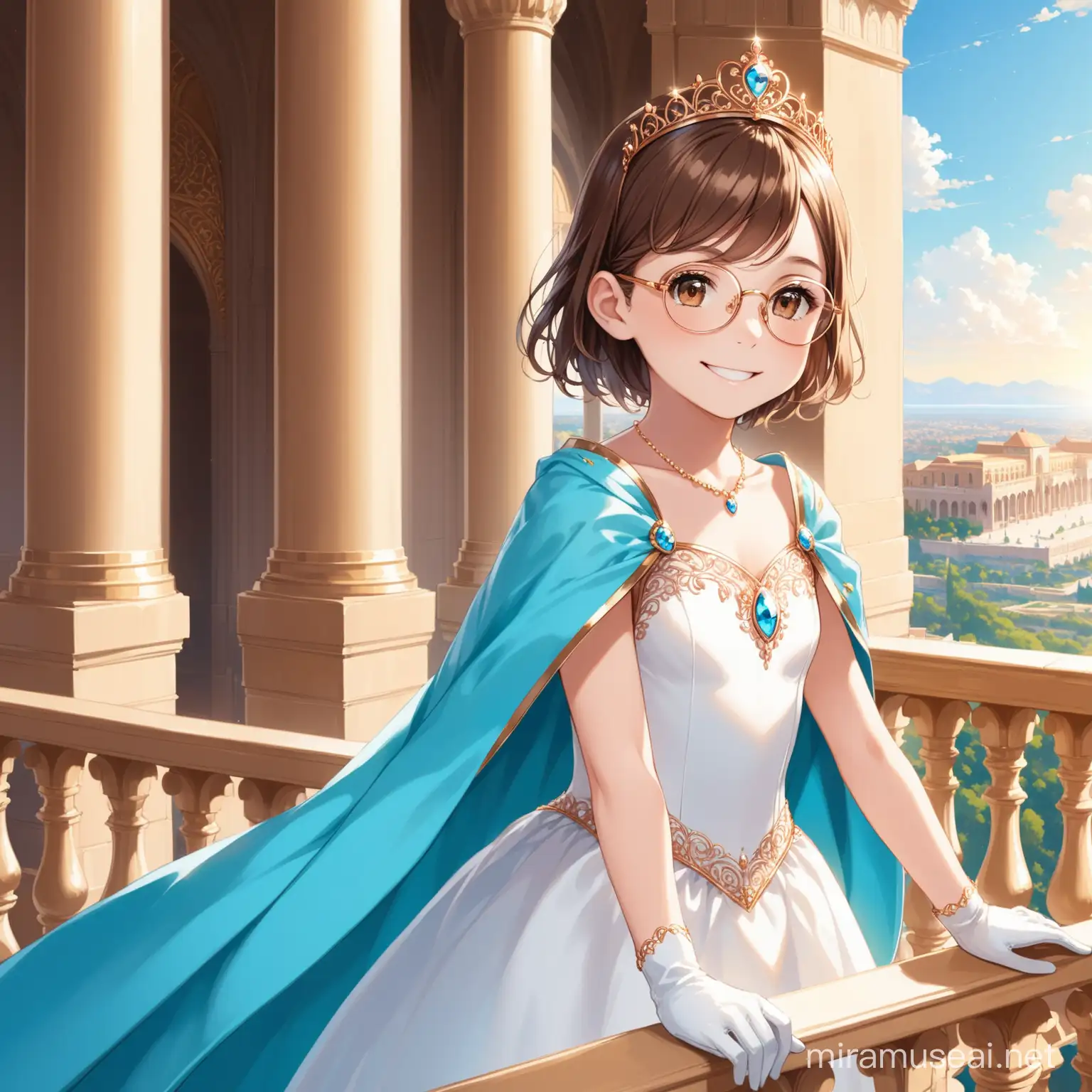 12 year old girl, short brown hair, brown eyes, rose gold glasses, smiling, wearing a white ball gown, a gold tiara, white gloves, a pale blue cape, standing on a palace balcony during the day