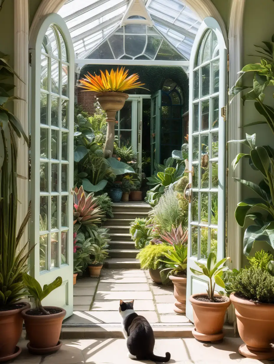 back view of a cat sunning herself in the doorway n an Edwardian conservatory with many exotic plants, glass doors are open to a garden style of rousseau
