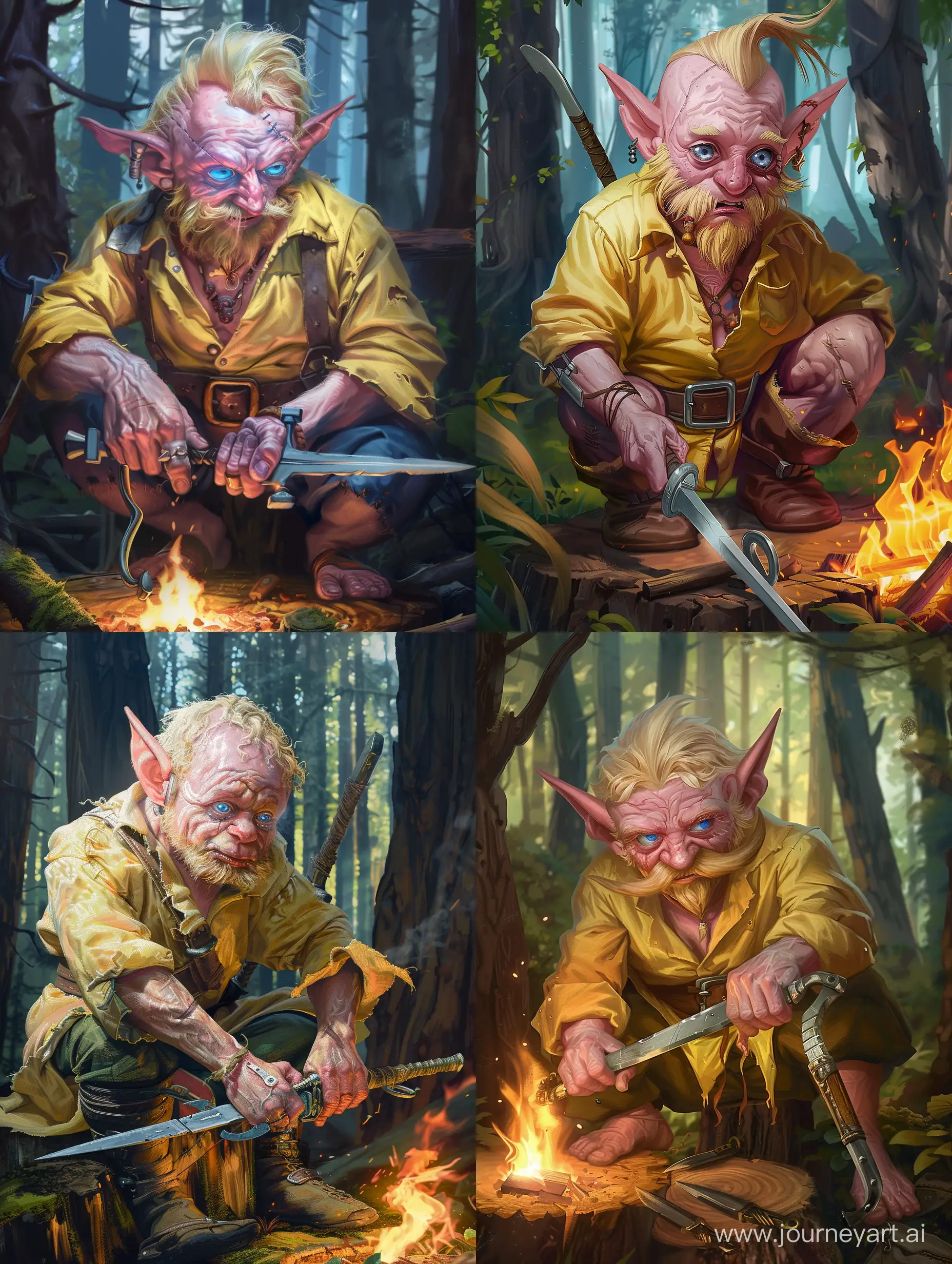 A dwarf pirate with a hook prosthesis, light pink skin, blue eyes, blond hair and a dirty blond beard, a pirate saber on his belt. He is wearing a yellowish cotton shirt with a loose collar. He is sitting on a stump near a campfire in the forest and sharpening his pirate saber