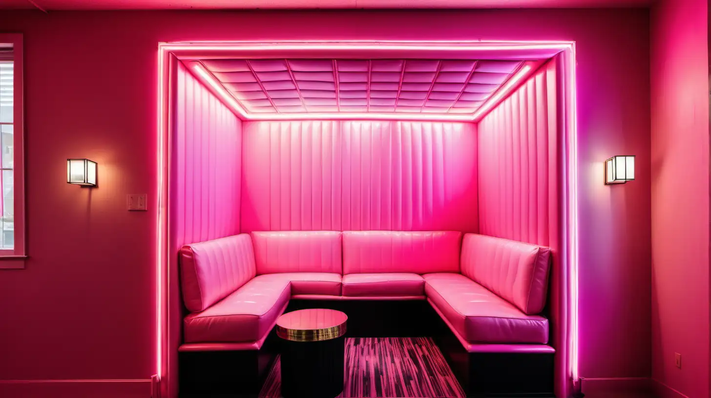 brightly lit ambiance, centrally featuring a large, enterable pink confessional booth. Neon lighting and windows allowing summer sunlight create an inviting atmosphere, around the room are comfy sofas