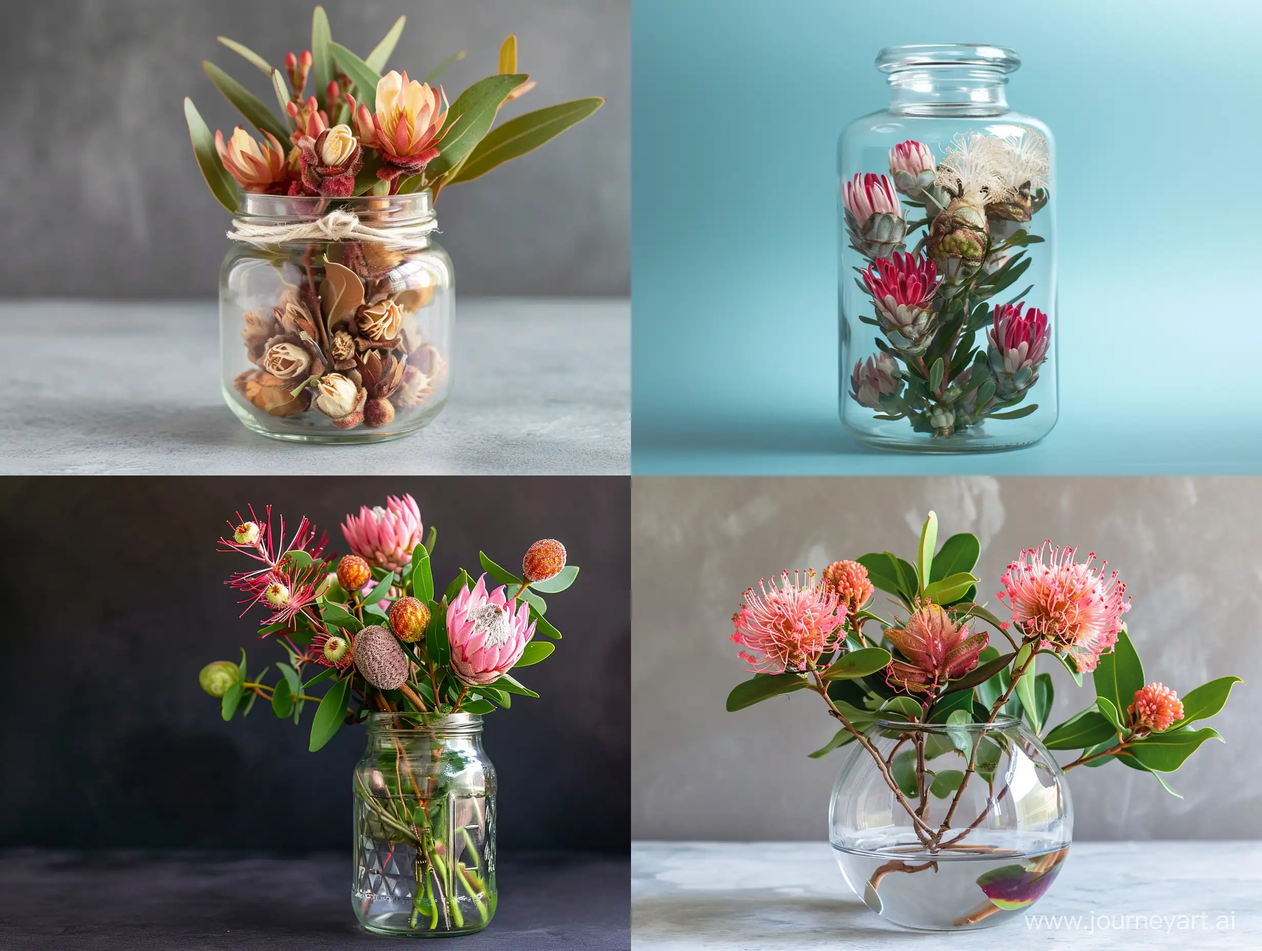 Vibrant-Red-Gum-Nut-Blossoms-in-a-Clear-Glass-Jar-Botanical-Photography
