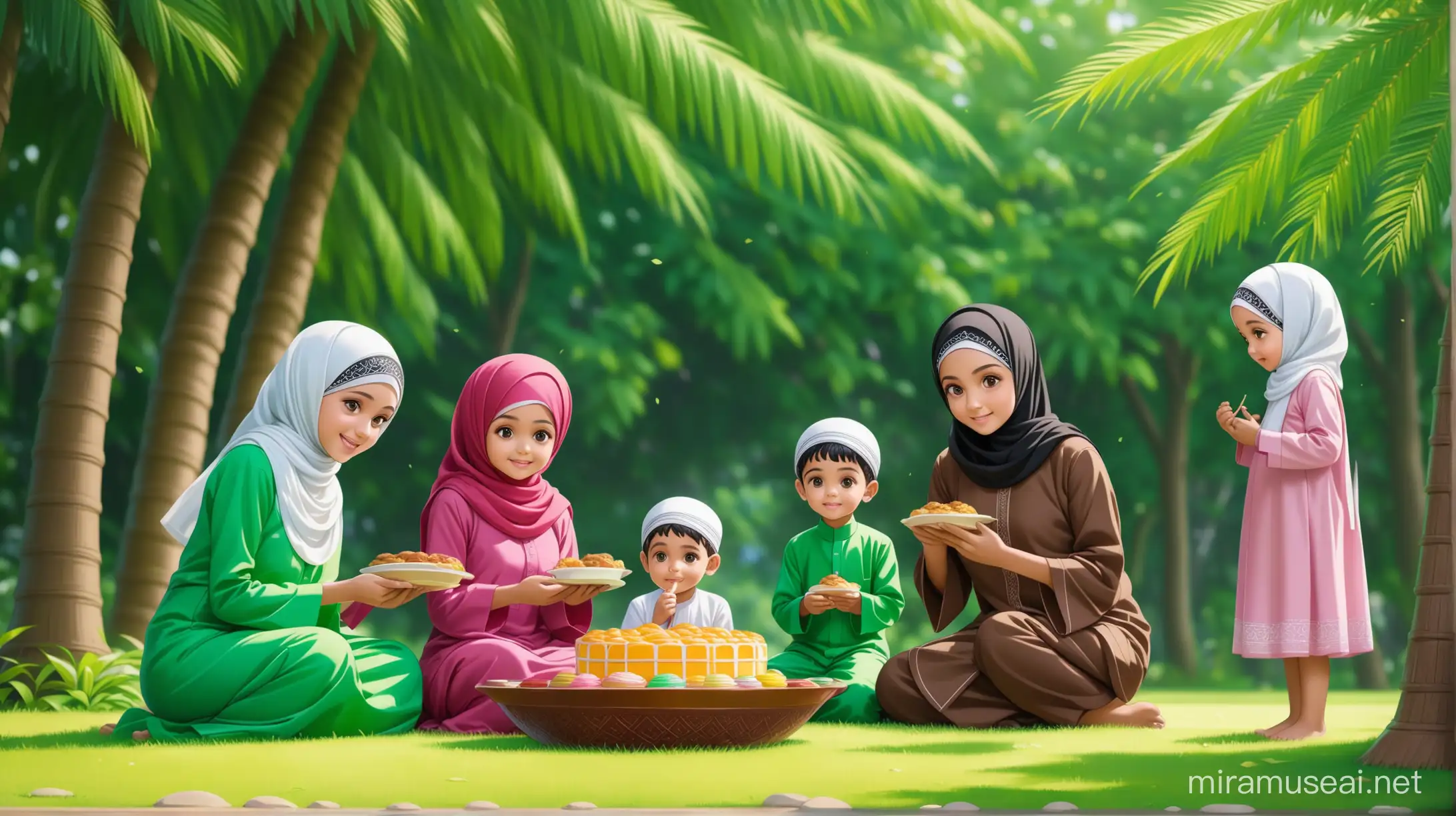 muslim kids and families  in Eid Al Fitr out door in Indonesia, figma, 4K, Ultra HD, Hyperrealistic, bright, green tone, pixar style