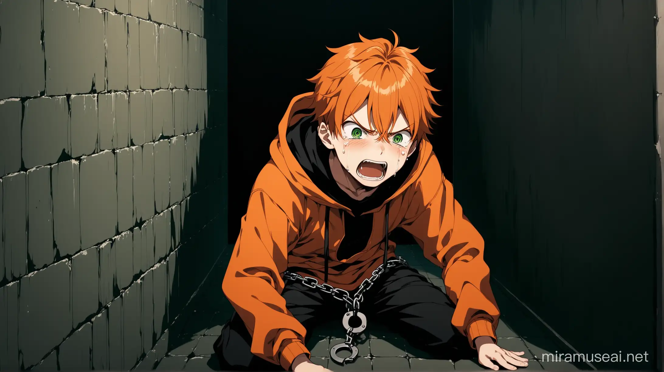 Anime Teenager Boy Crying and Screaming with Hands Tied in Secret Underground Room