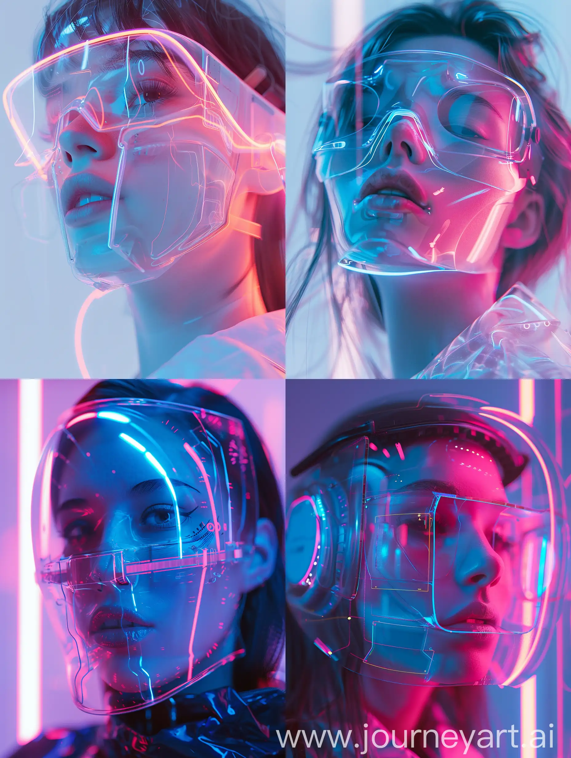 beautiful woman, translucent glass techpunk mask, cyberpunk, with subtle pink and blue gradients, neon lights, backlight, pastel colours, sci-fi, realistic, futuristic.