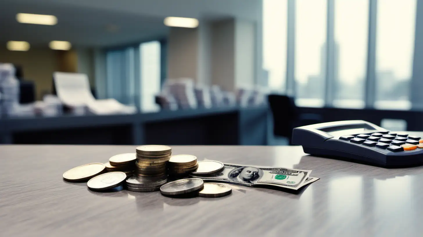 Coins and banknotes on a table with a background of a bank office.