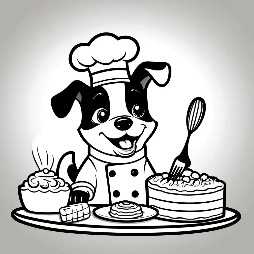 Adorable Dog Chef Baking a Cake Whimsical Coloring Book Illustration