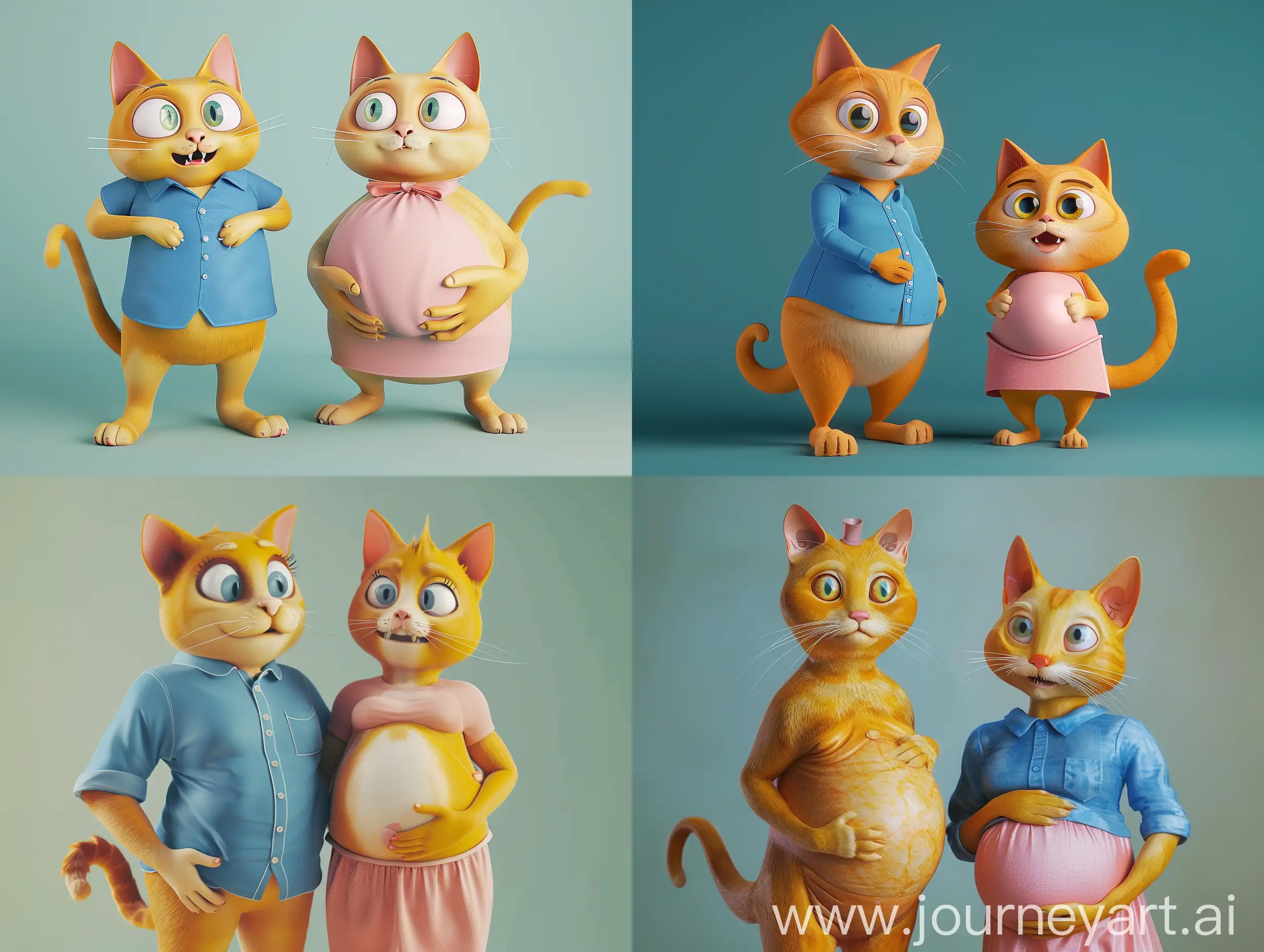 animated realistic scene of a youthful, vibrant yellow cat and its mate in their twenties, the cat with a slim body and bright large eyes wearing a blue shirt, and the cat mate in a charming feminine look wearing a pink skirt suitable for her swollen belly, both with expressive smiles reflecting their happiness with the new stage in their life, fashion, text 3D rendering, typography, illustration, painting, photo, poster, 3d render, solid color background