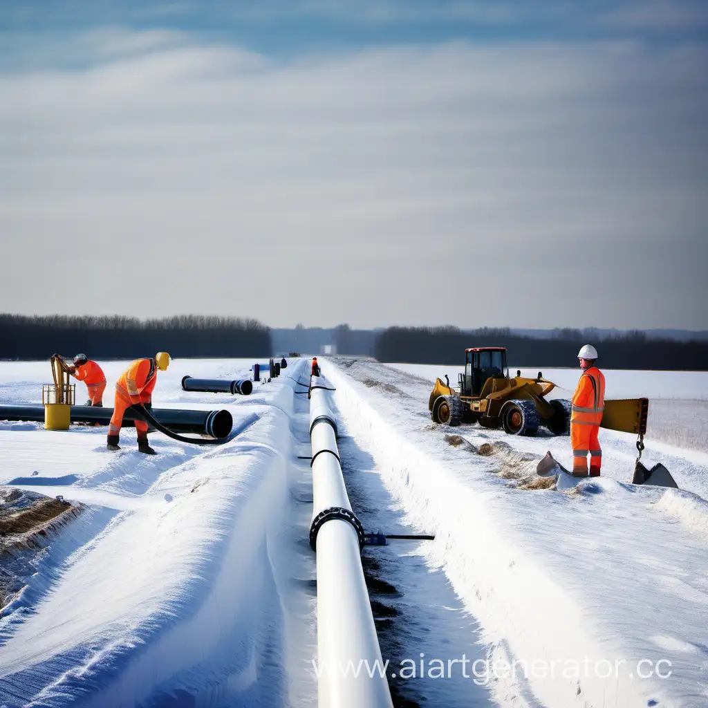 строители строят газонефтепровод в снежном поле