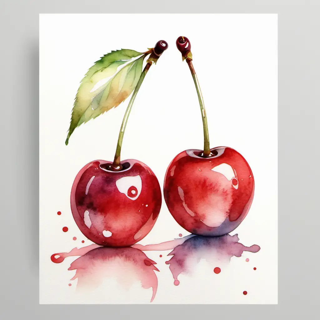 Vibrant Watercolor Painting of Two Cherries on a Stem