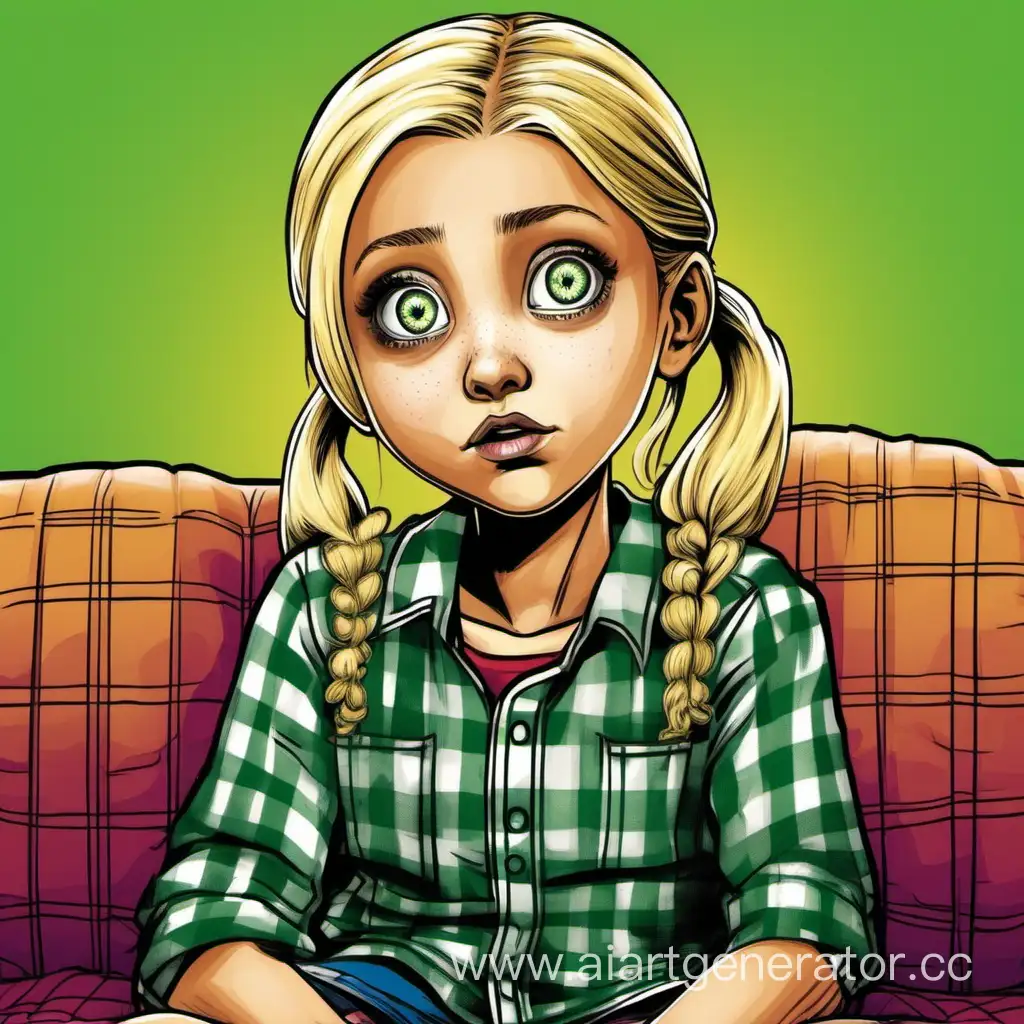 Мия девочка 12лет с очень большими удивлёнными глазами. Зеленые глазки, блондинистые волосы собранные в два хвостика, одета в клетчатую грязную рубашку и сидит на диване.
