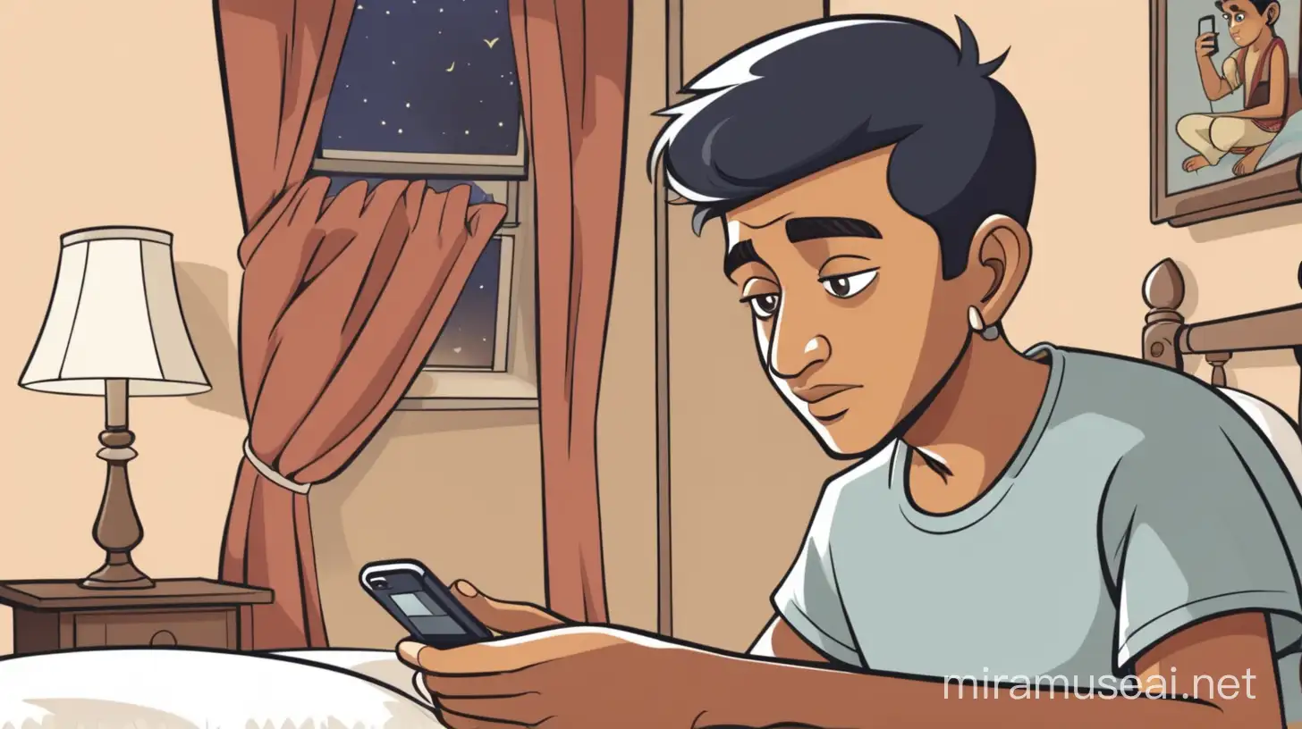 Indian Young Man Using Mobile Phone in Bedroom Cartoon Illustration