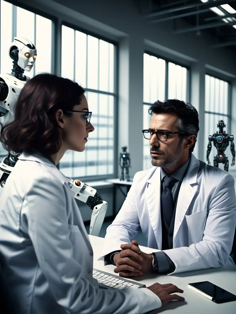 a handsome confident 40 year old Spanish man wearing a lab coat sitting at his desk in a space age office talking to a beautiful, concerned 25 year old woman with dark hair wearing a suit and glasses. a window in the office looks out onto a factory where robots are made.