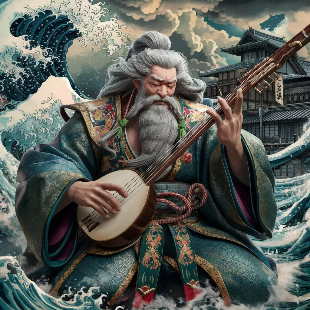 A majestic and highly detailed artwork that features an elderly, mythical figure reminiscent of Japanese folklore. The character has a full head of long, wavy silver-grey hair and an equally flowing beard, eyes are closed in a serene expression. The skin is detailed with age, and the muscular build is visible beneath opulent, multicolored traditional robes adorned with intricate patterns resembling Japanese ukiyo-e art, featuring clouds, waves, and mythic creatures like dragons. The figure is playing a large, stringed instrument similar to a shamisen. One hand plucks the strings while the other hand is positioned at the instrument's neck. The hands have detailed wrinkles and pronounced veins, signifying aged wisdom and strength, and the nails are long and well-maintained. In the background, a dynamic tapestry unfolds, with towering waves crashing and swirling amidst turbulent clouds, a seamless blend of tempestuous sea and sky. The powerful ocean is rendered in deep blues and whites that contrast and complement the rich colors of the figure's robes. The traditional Japanese architecture, featuring wooden buildings with curved, pagoda-style roofs, is situated calmly at the lower edges of the image, providing a sharp contrast to the wild energy of the sea and sky. Warm, amber light from traditional lanterns flanks the composition, enhancing the atmospheric depth and providing a sense of balance between the natural and built environments. The setting evokes a powerful scene as if the music played could be summoning the sea's ferocity