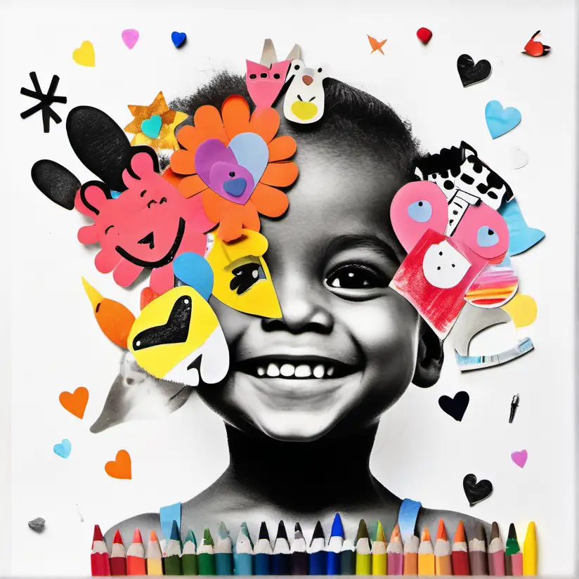 paper collage of one happy face of a little girl, black and white face. with colourful hearts and animals, crayons, pencils, paint. White flat background