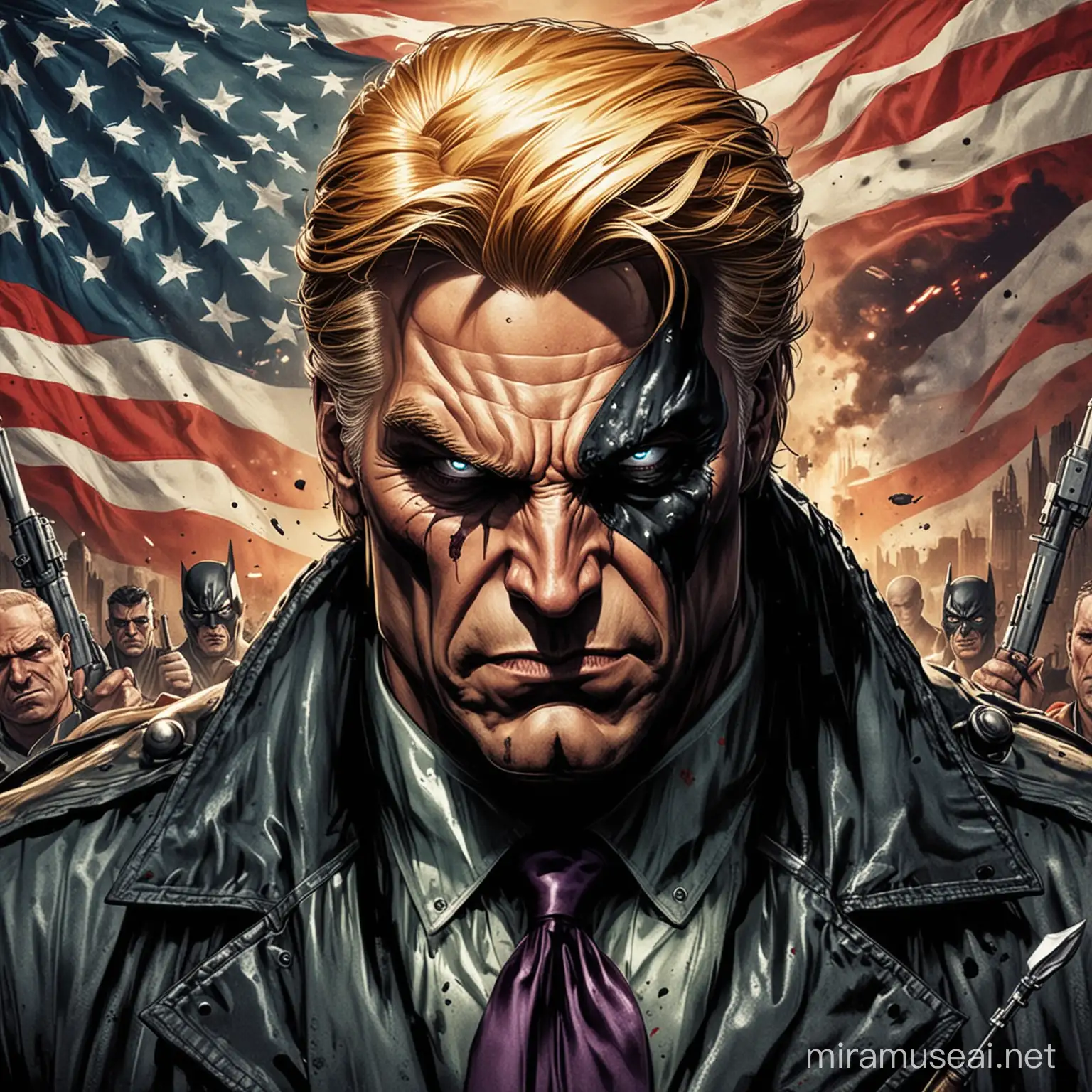 Make America as villian of comic book,make it with comic style and very detailed 