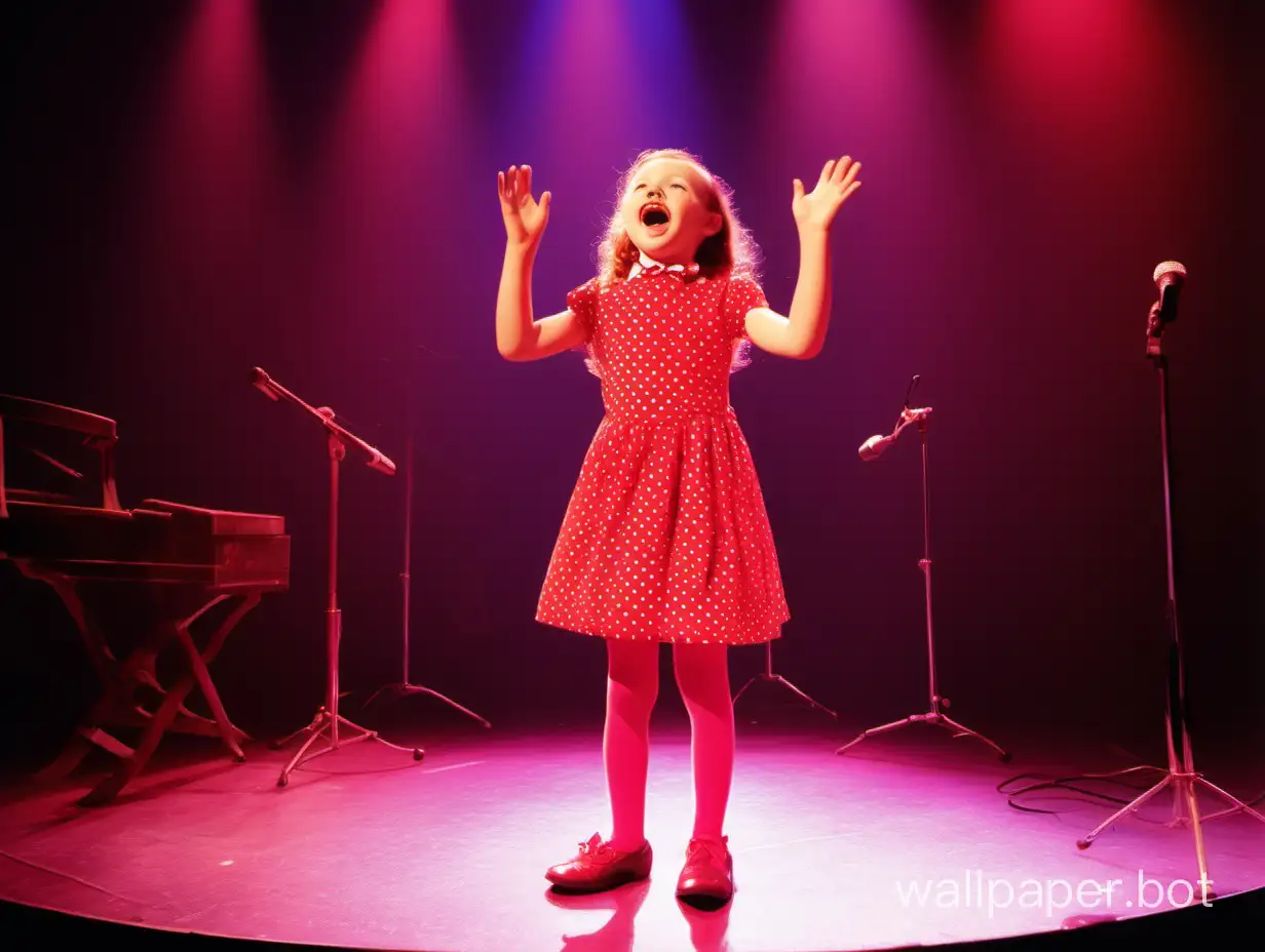Детский Мюзик Холл девочка 12 лет, в очень коротком красном платье в горошек, в розовых нейлоновых колготках, поёт весёлую песню на сцене под светом софитов, цветное фото