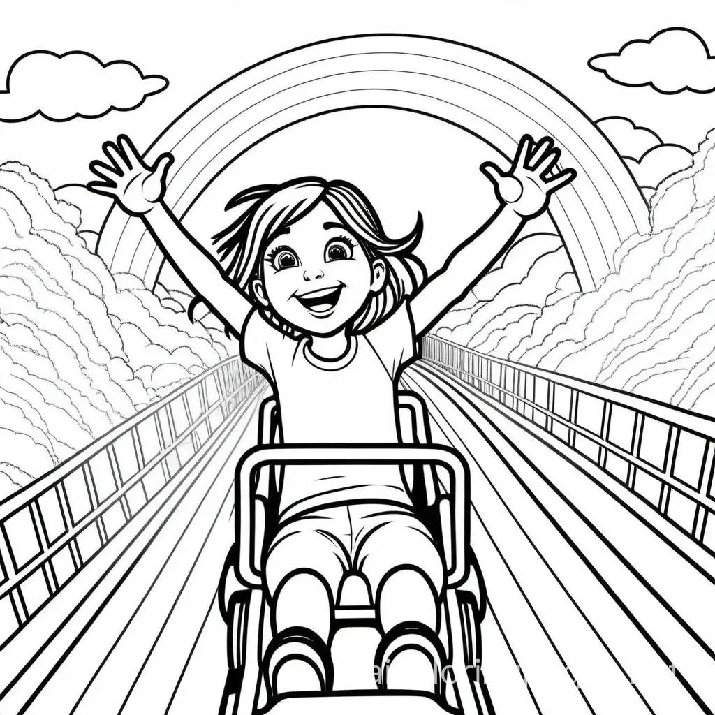 girl on roller coaster, happy, hands up, 2 legs, rainbow in background, Coloring Page, black and white, line art, white background, Simplicity, Ample White Space. The background of the coloring page is plain white to make it easy for young children to color within the lines. The outlines of all the subjects are easy to distinguish, making it simple for kids to color without too much difficulty