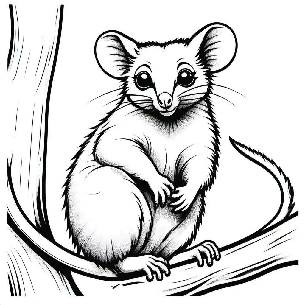 ring tail possum image, childrens colouring book, stencil, no background, fine lines, black and white, friendly cartoon, no shading, no grey, no colour, no infill, lines only