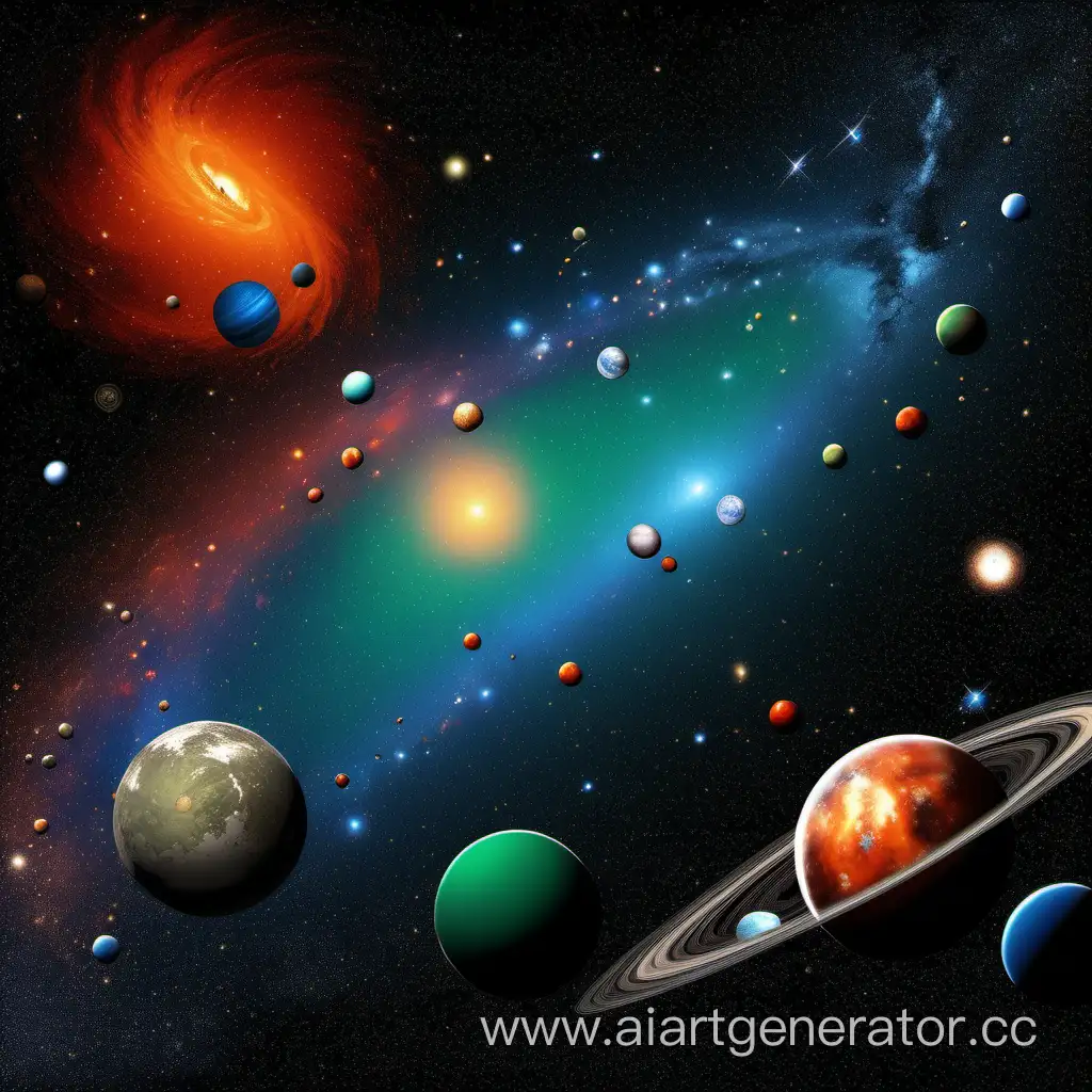 Оранжево голубой космос с галактиками и планетами зелёного цвета и красными из пояса льда