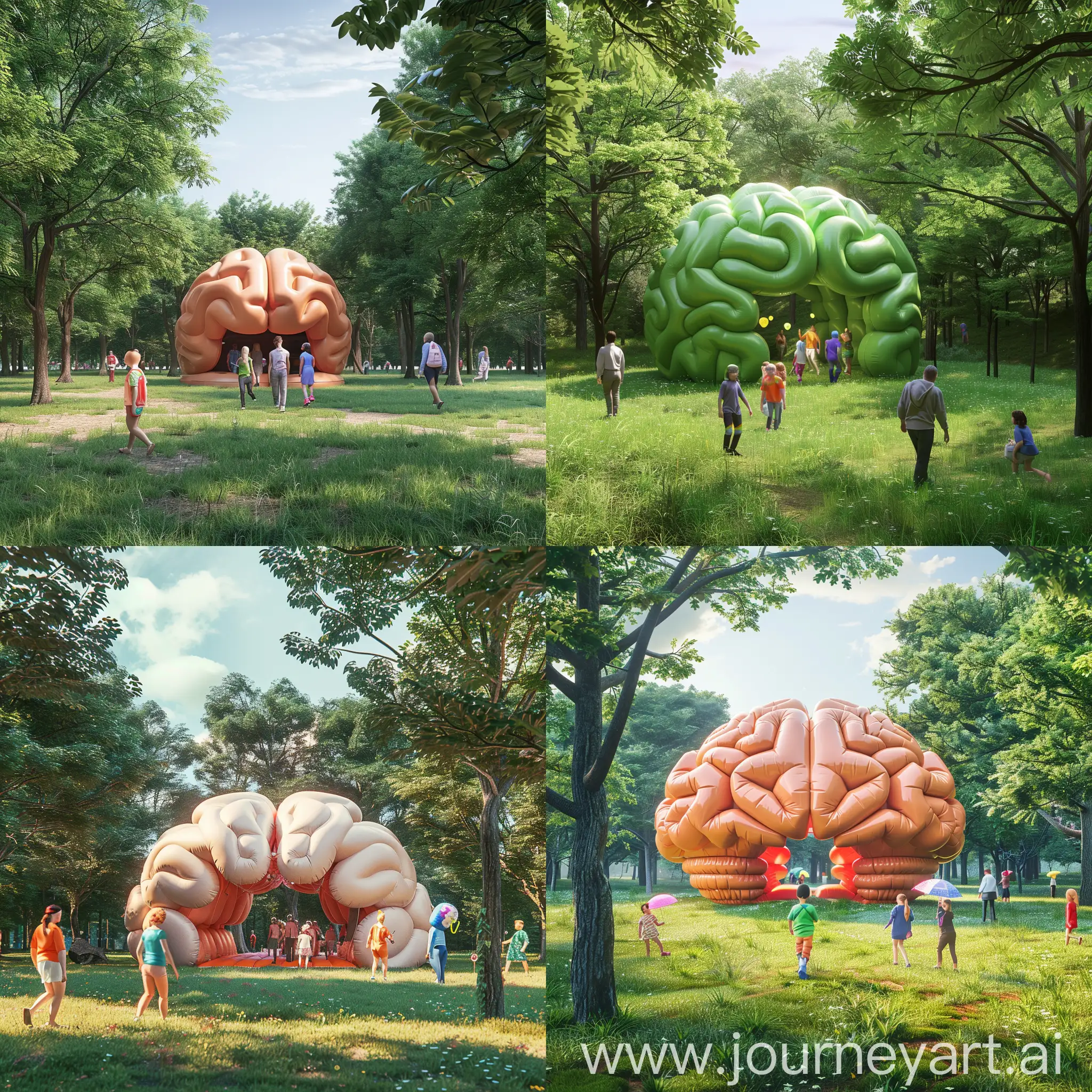 Grass meadow, surrounded by leafy trees. Central brain shaped inflatable structure with entrance for happy colourful people walking in and out