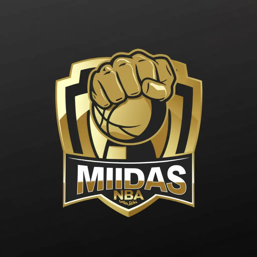 a logo design, with the text 'MIDAS NBA', main symbol: A gold fist with a basketball, black background., Moderate, for use in the Sports Fitness industry, clear background