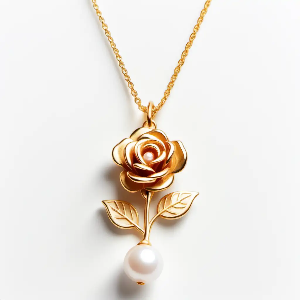 Elegant Rose Charm Gold Pendant on Pearl White Background
