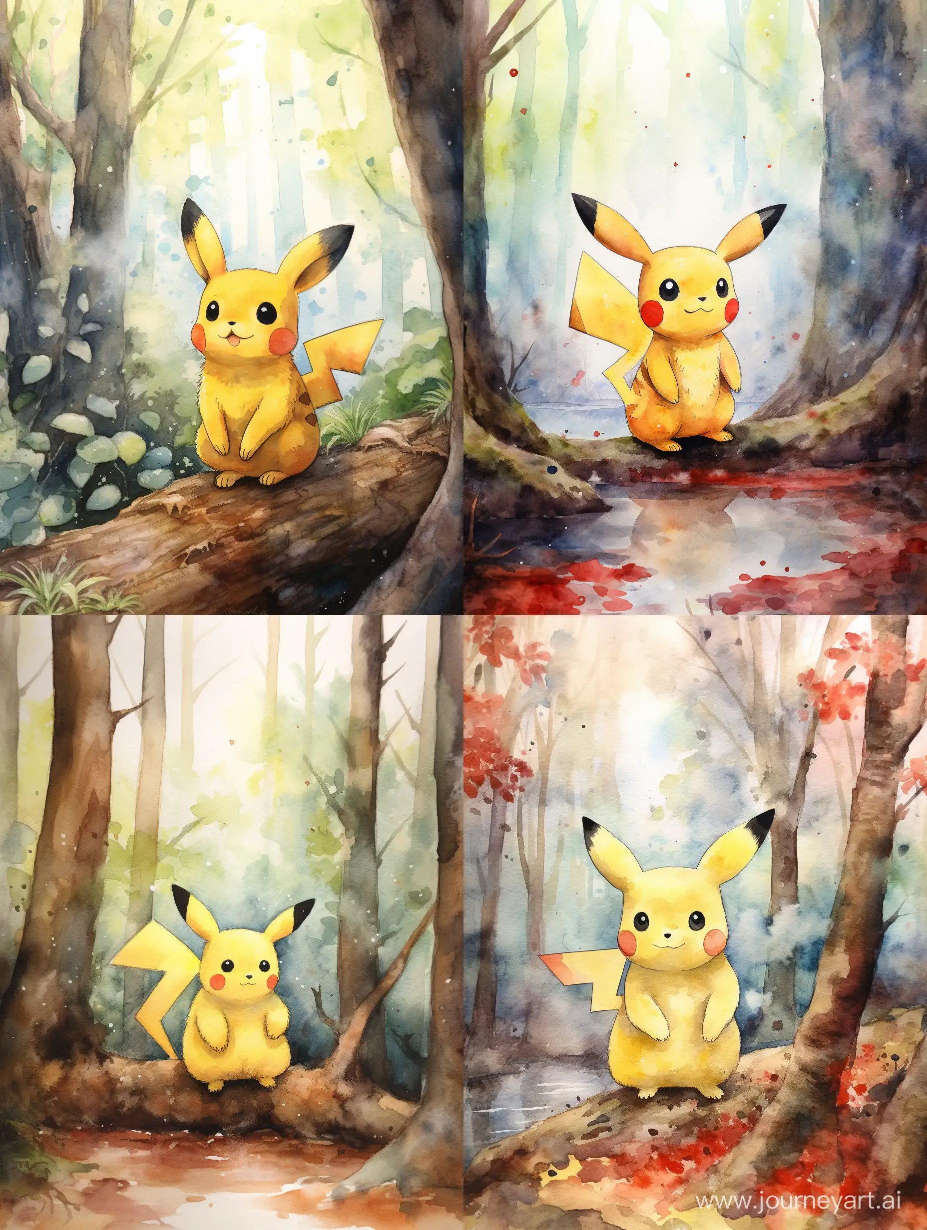 Enchanting-Watercolor-Depiction-of-Pikachu-in-a-Lush-Forest