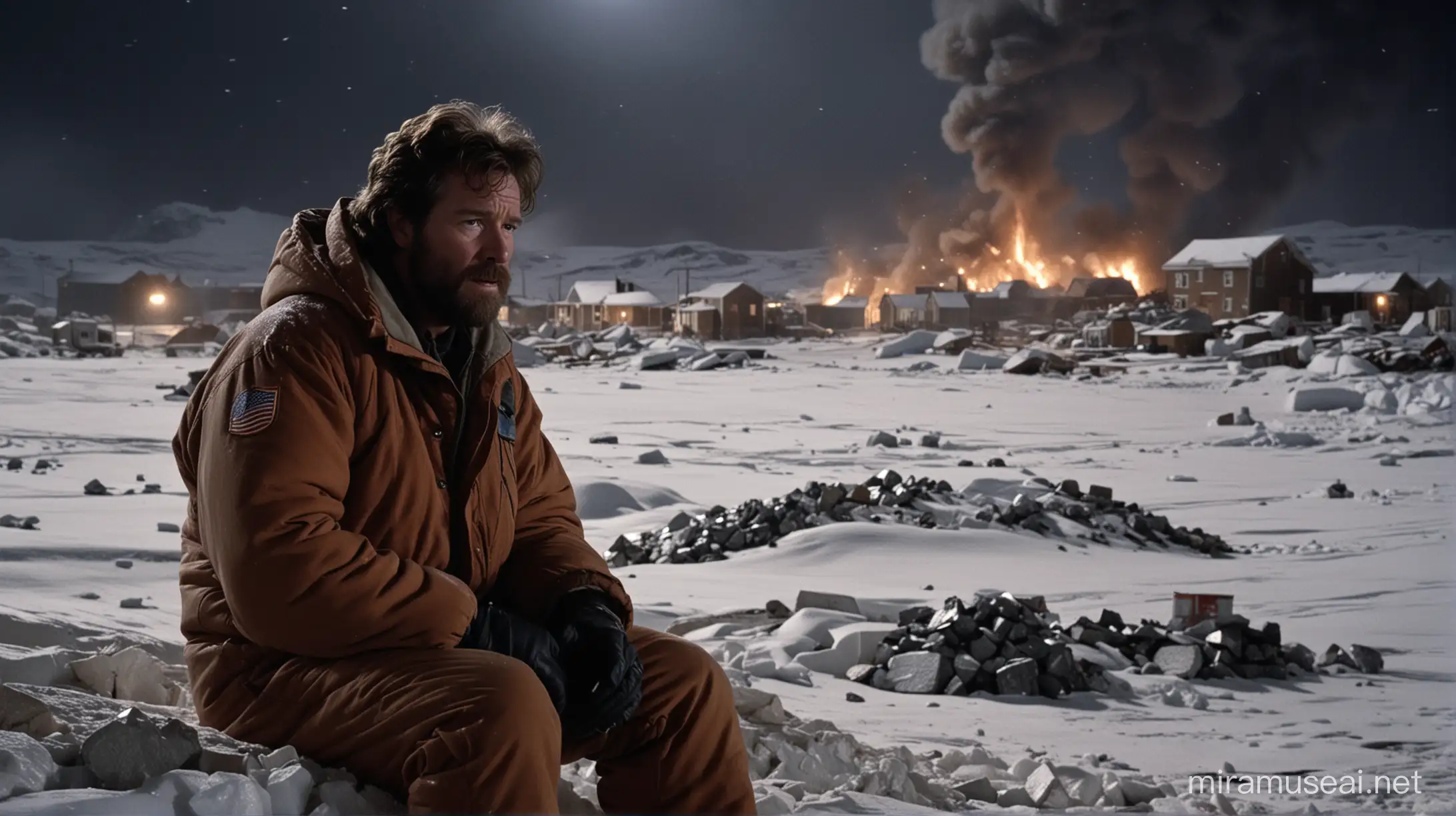 cinematic still, film by john carpenter, the thing, antarctica, night, buildings on fire in background, blizzard, kurt russell, beard, brown snowsuit, sitting against rubble, bottle in hand, black man in snowsuit, sitting facing each other, very dark