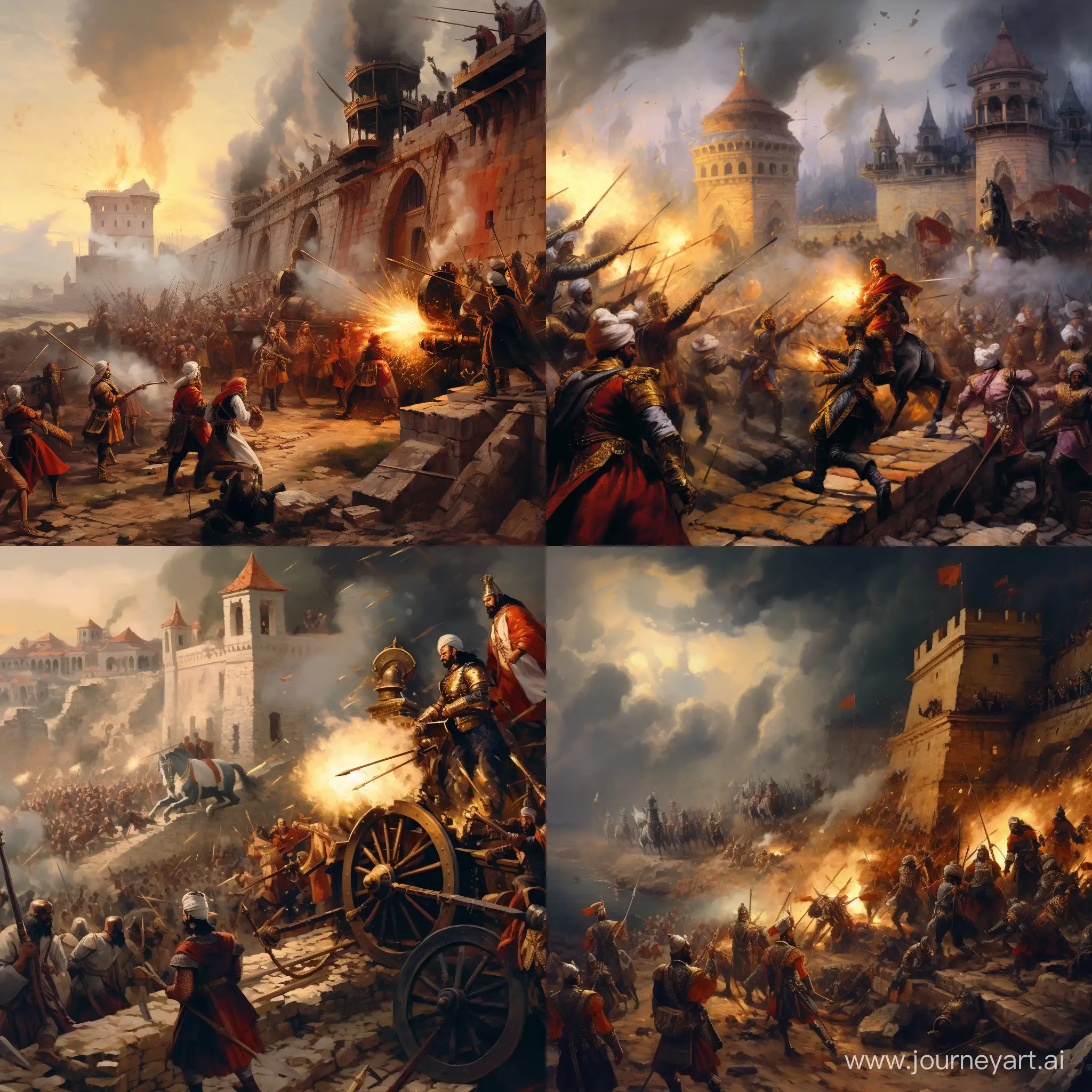 fatih sultan mehmet han şahi topunu konstantinopolis surlarına doğru ateşleyip surları yıkıyor.