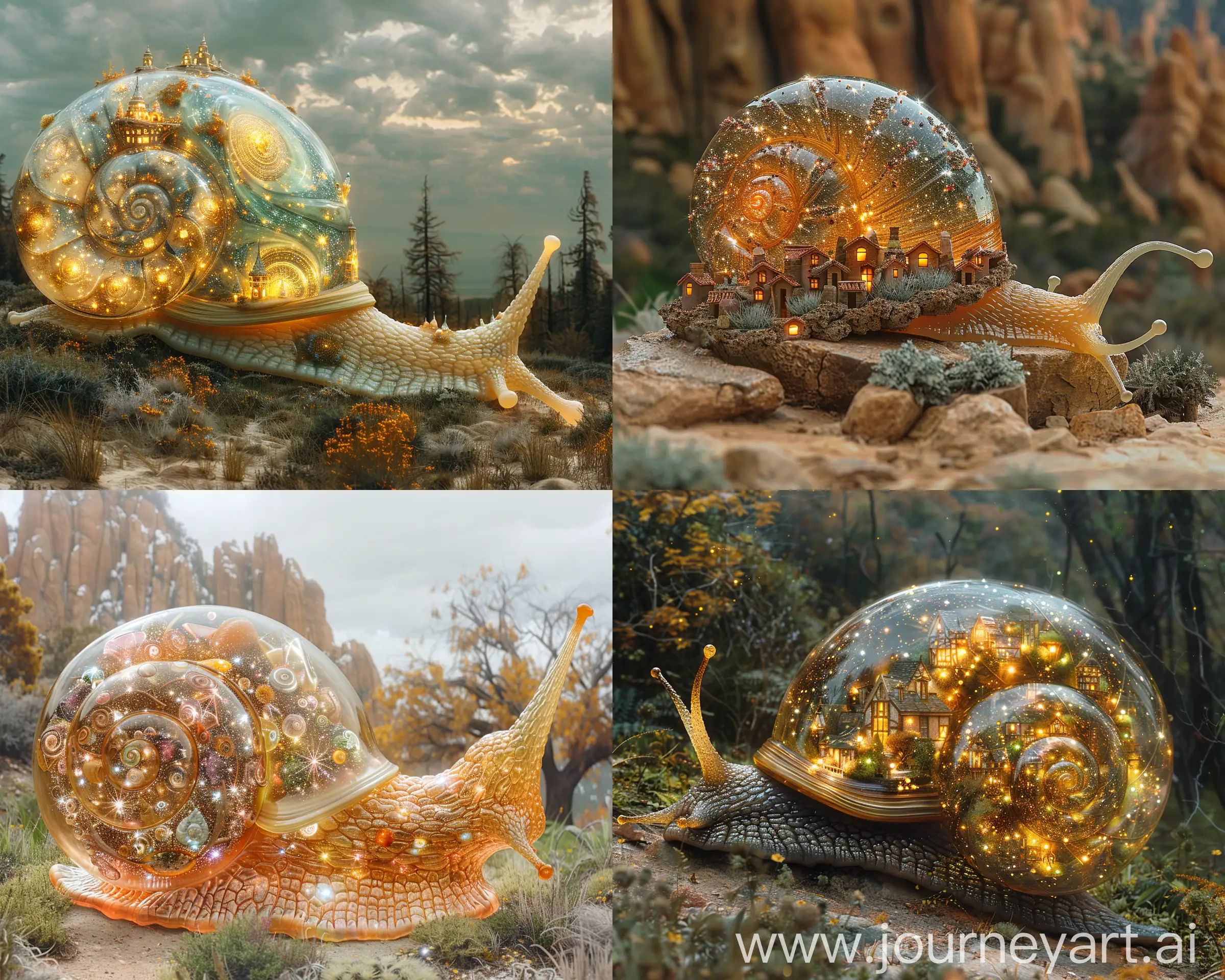 <lora:CosmicDollops:1.0> A beautiful HUGE mystical intricate huge starry fully transparent blown glass filigree snail with a beautiful starry galaxy village ON TOP OF IT, in a beautiful exotic natural landscape || intricate, hyperdetailed, maximalist, beautiful, masterpiece --ar 5:4 --s 750